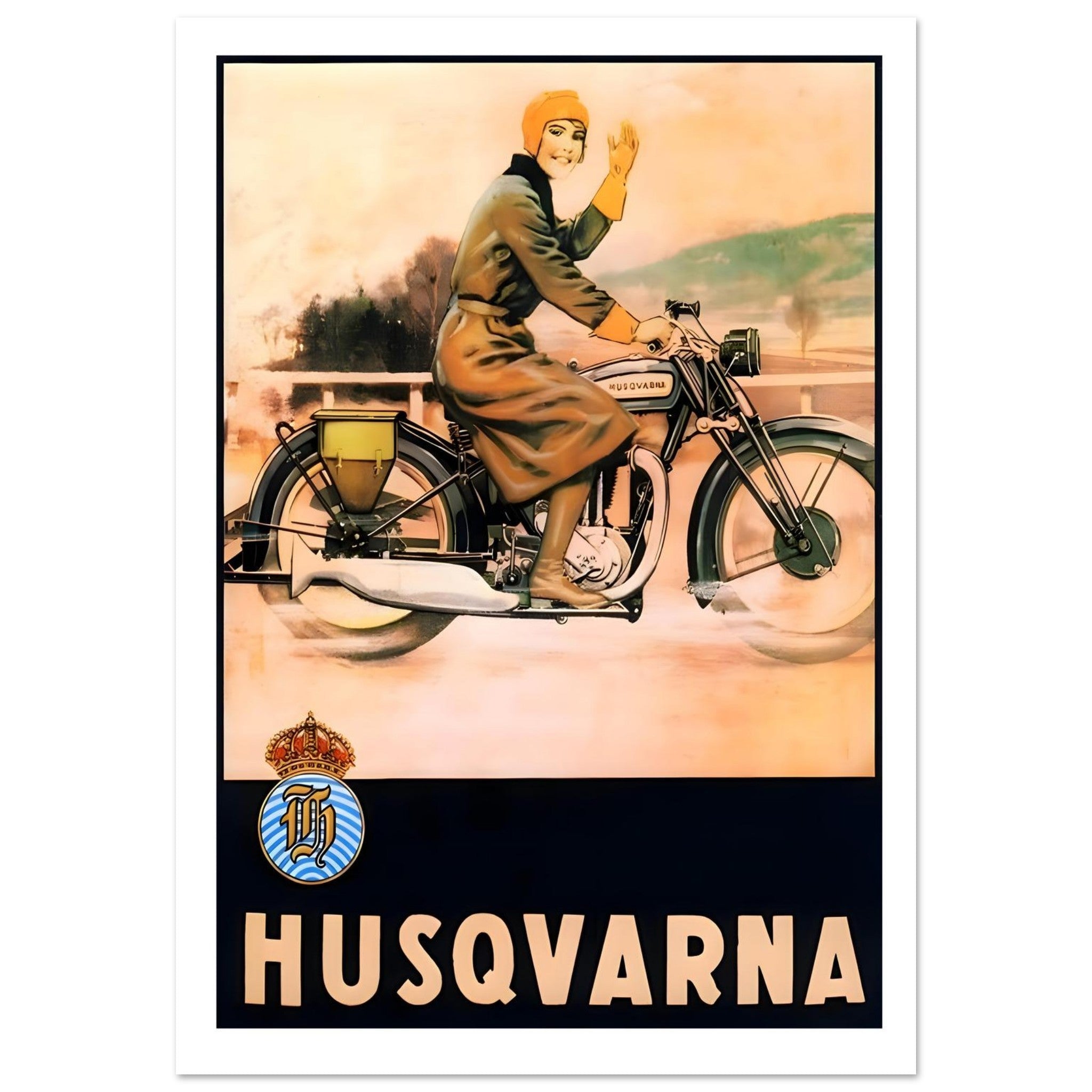 vintage Husqvarna motorcycle poster featuring a woman riding a bike in a warm landscape.