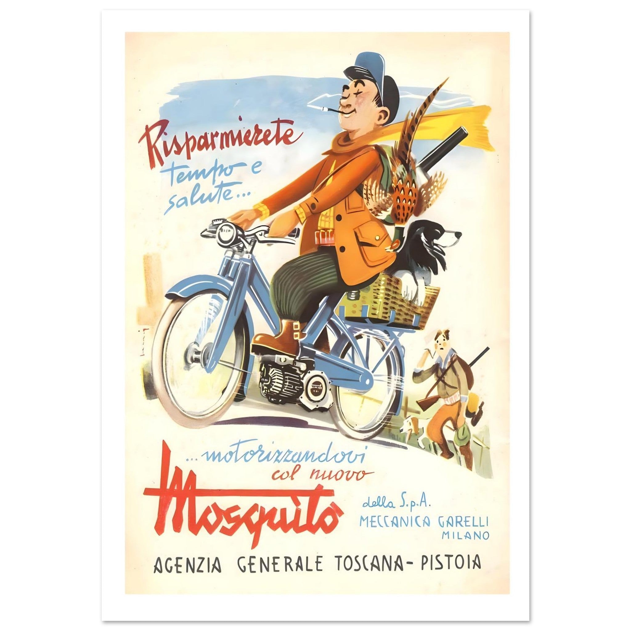 Vintage Garelli motorized bicycle poster featuring a cheerful hunter on a blue bike with a dog and pheasants.