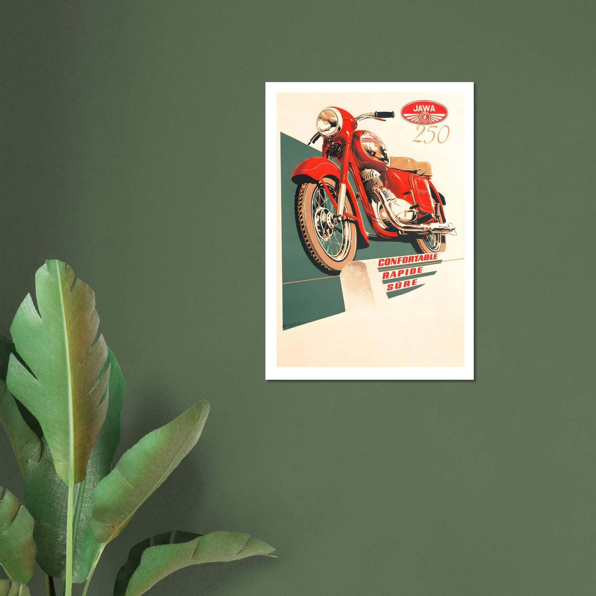 Vintage Jawa 250 motorcycle poster showcasing a dynamic red motorcycle on a stylized background.