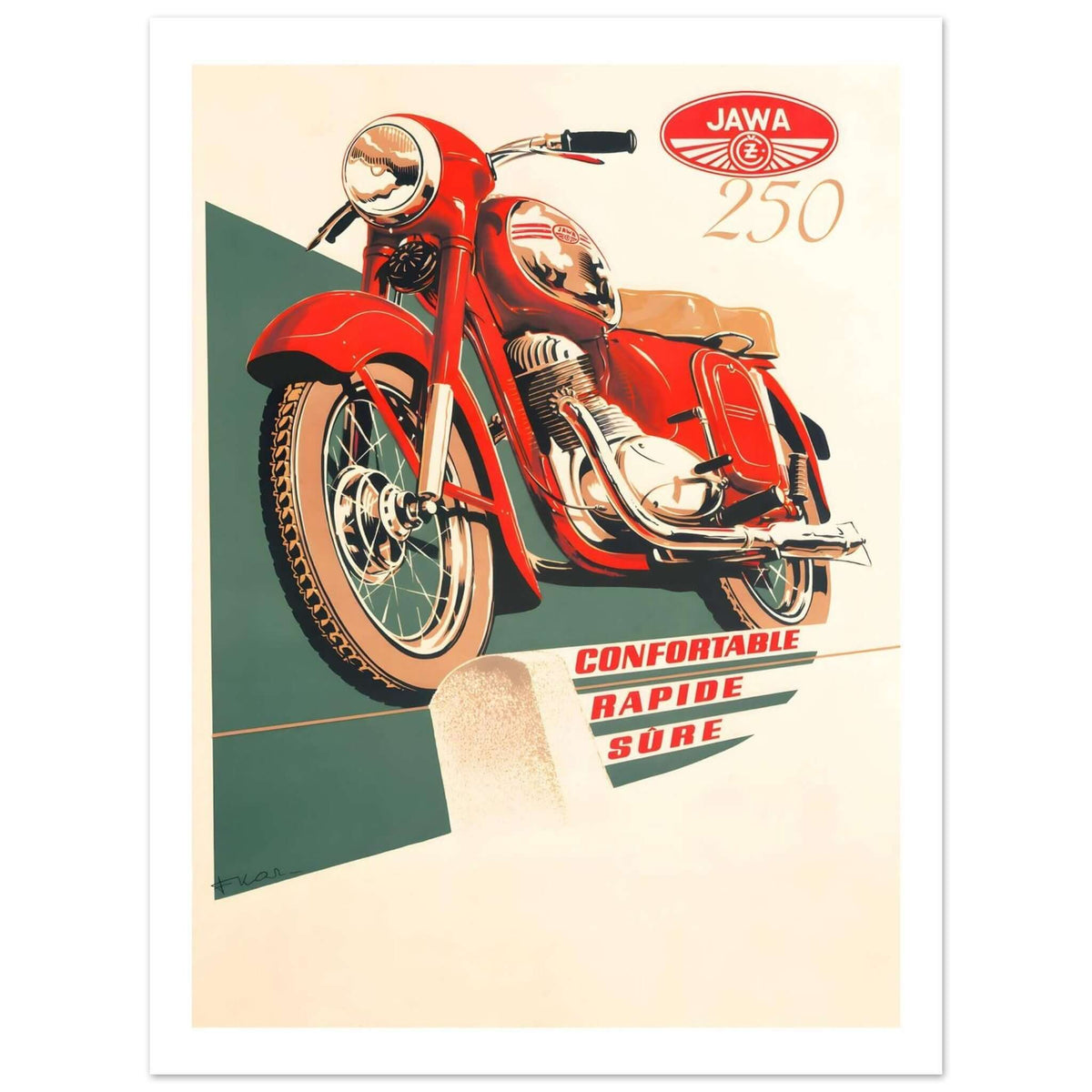 Vintage Jawa 250 motorcycle poster showcasing a striking red bike with the words 'Confortable, Rapide, Sûre'.