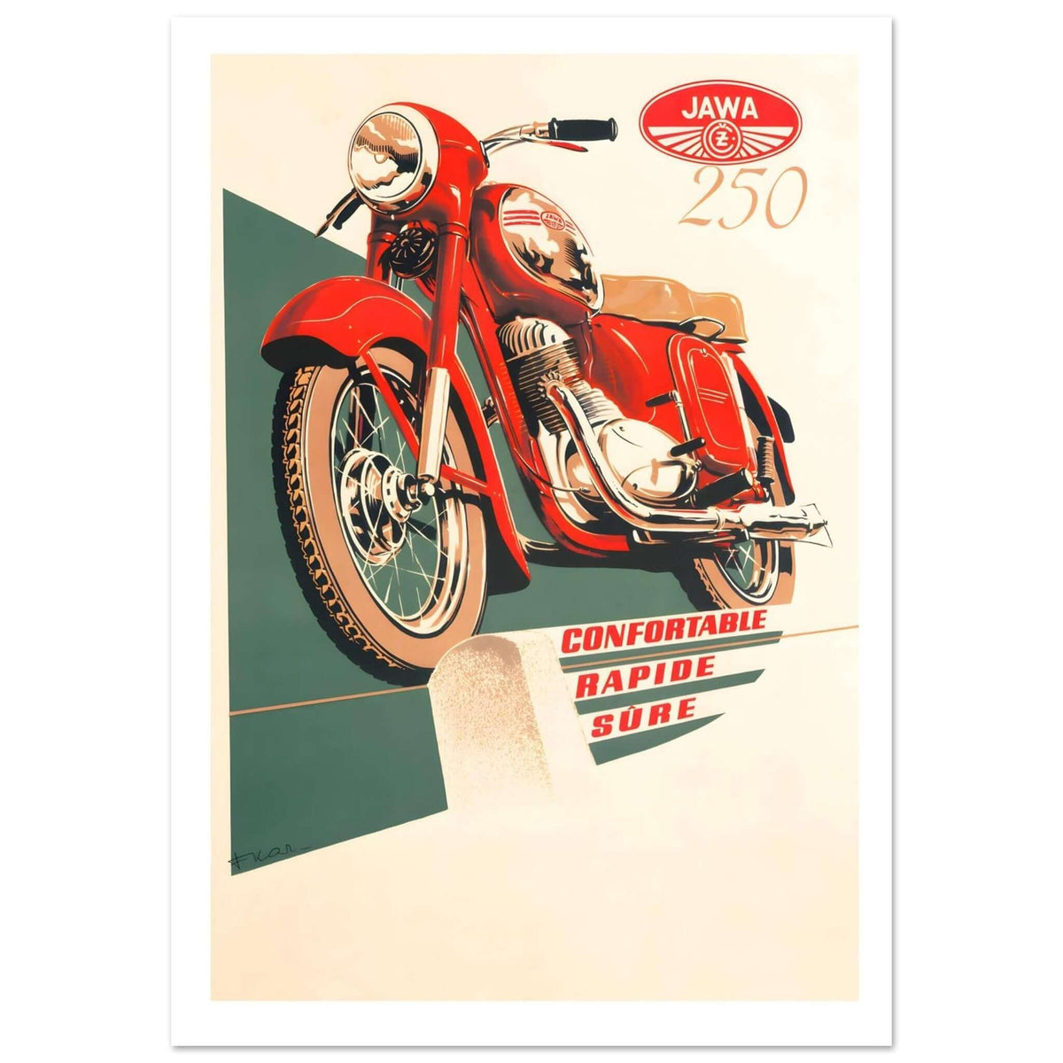 Vintage Jawa 250 motorcycle poster showcasing a striking red bike against a stylish green background.