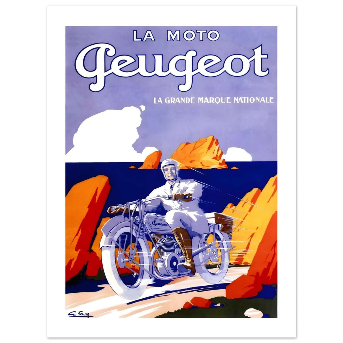 Vintage Peugeot motorcycle poster showcasing a rider on a coastal road with vibrant colors and elegant design.