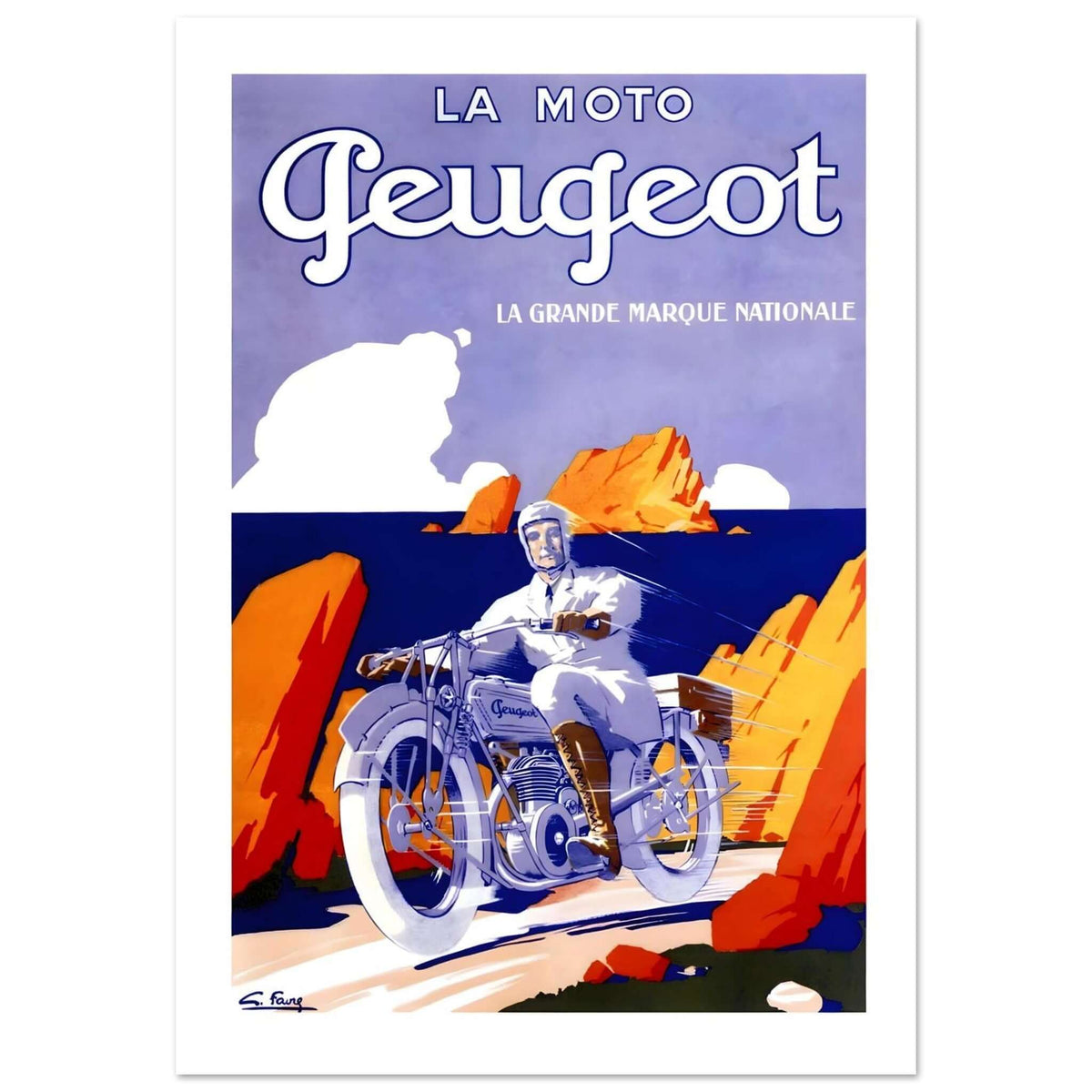 Vintage Peugeot motorcycle poster featuring a rider on a coastal road with vibrant colors and vintage design.