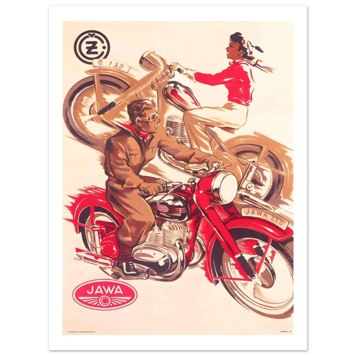 Vintage Mid - Century Jawa and ČZ Czechoslovakian Motorcycle Advertisement - Transit Art