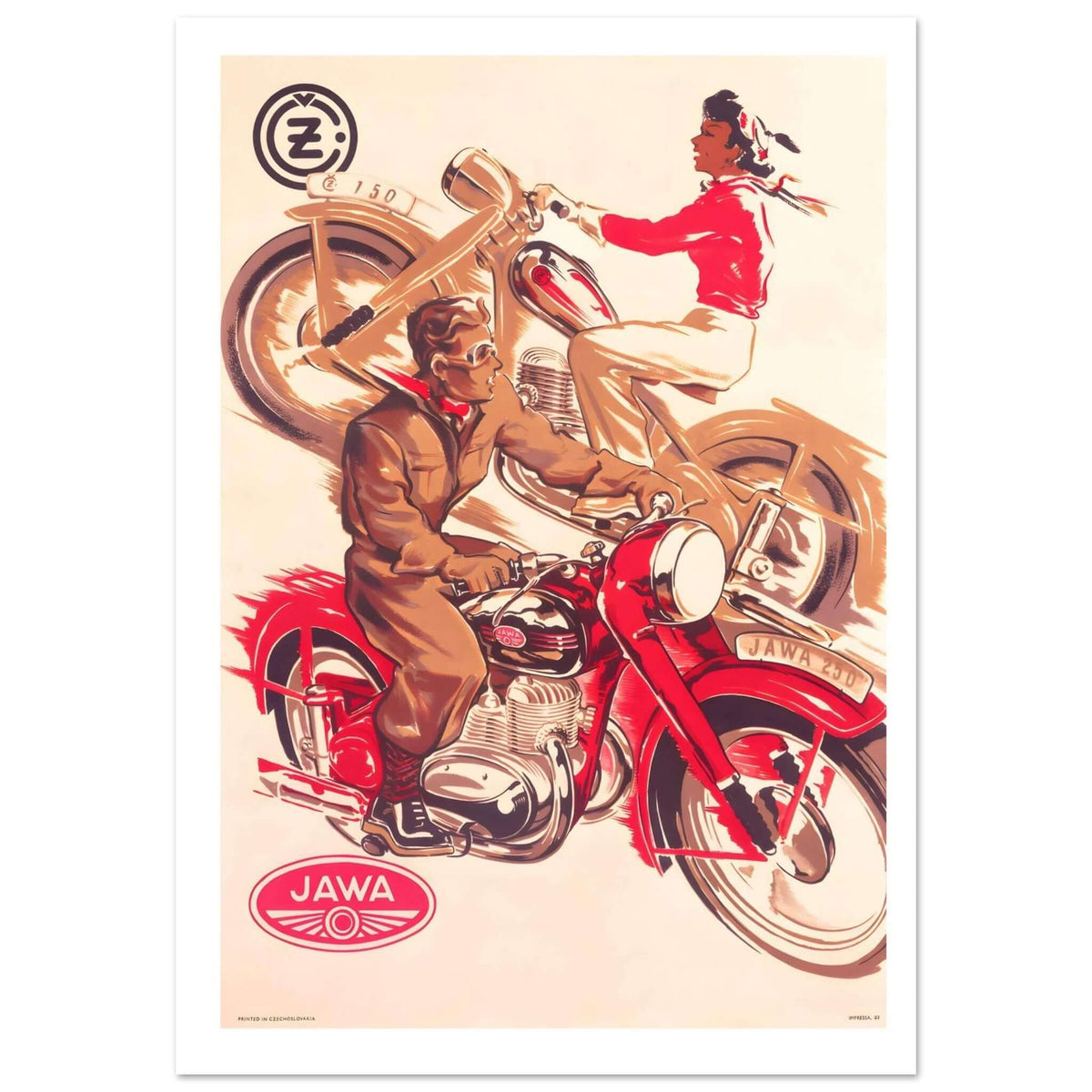 Vintage Mid - Century Jawa and ČZ Czechoslovakian Motorcycle Advertisement - Transit Art