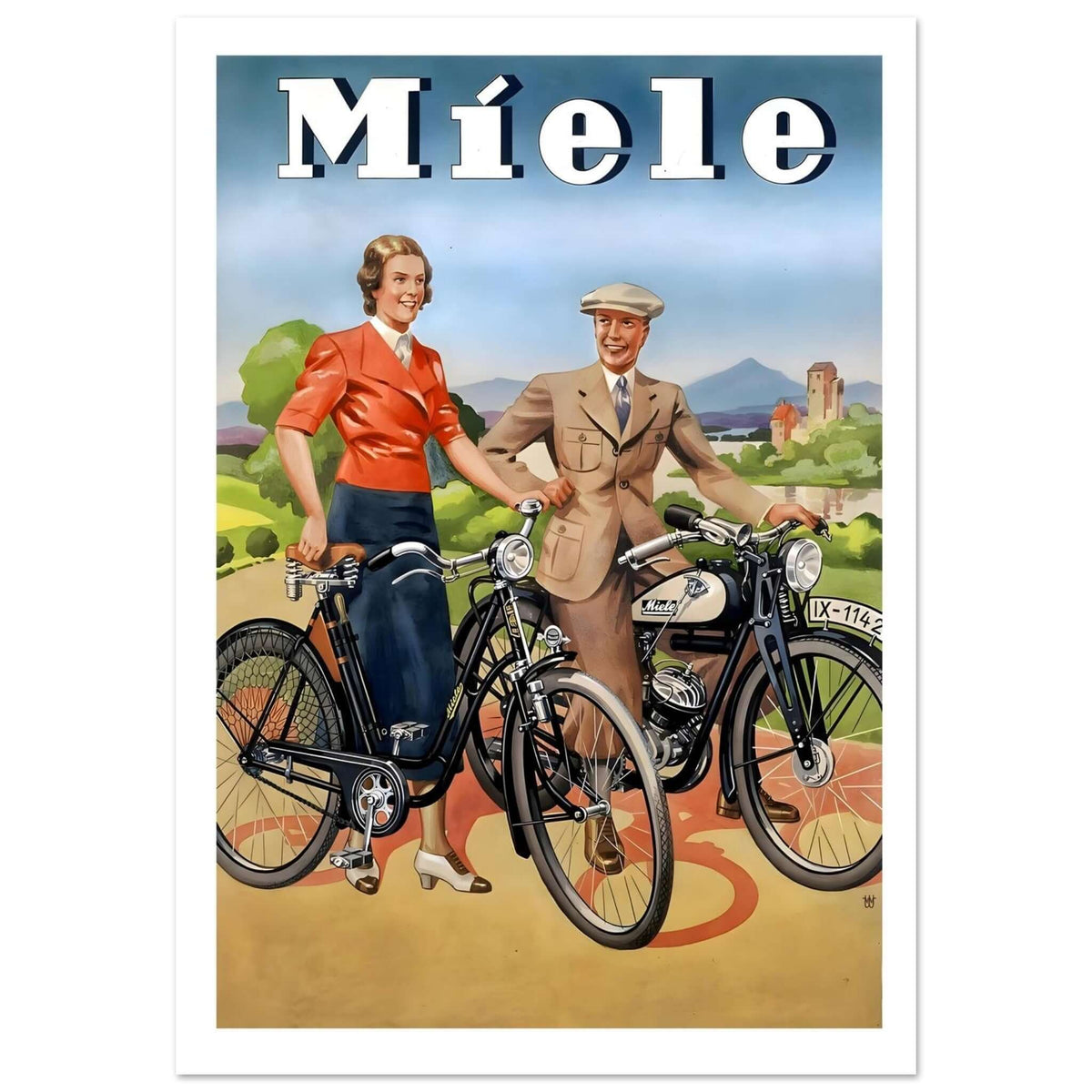 Vintage Miele Poster Featuring Classic Bicycle and Motorcycle - Transit Art