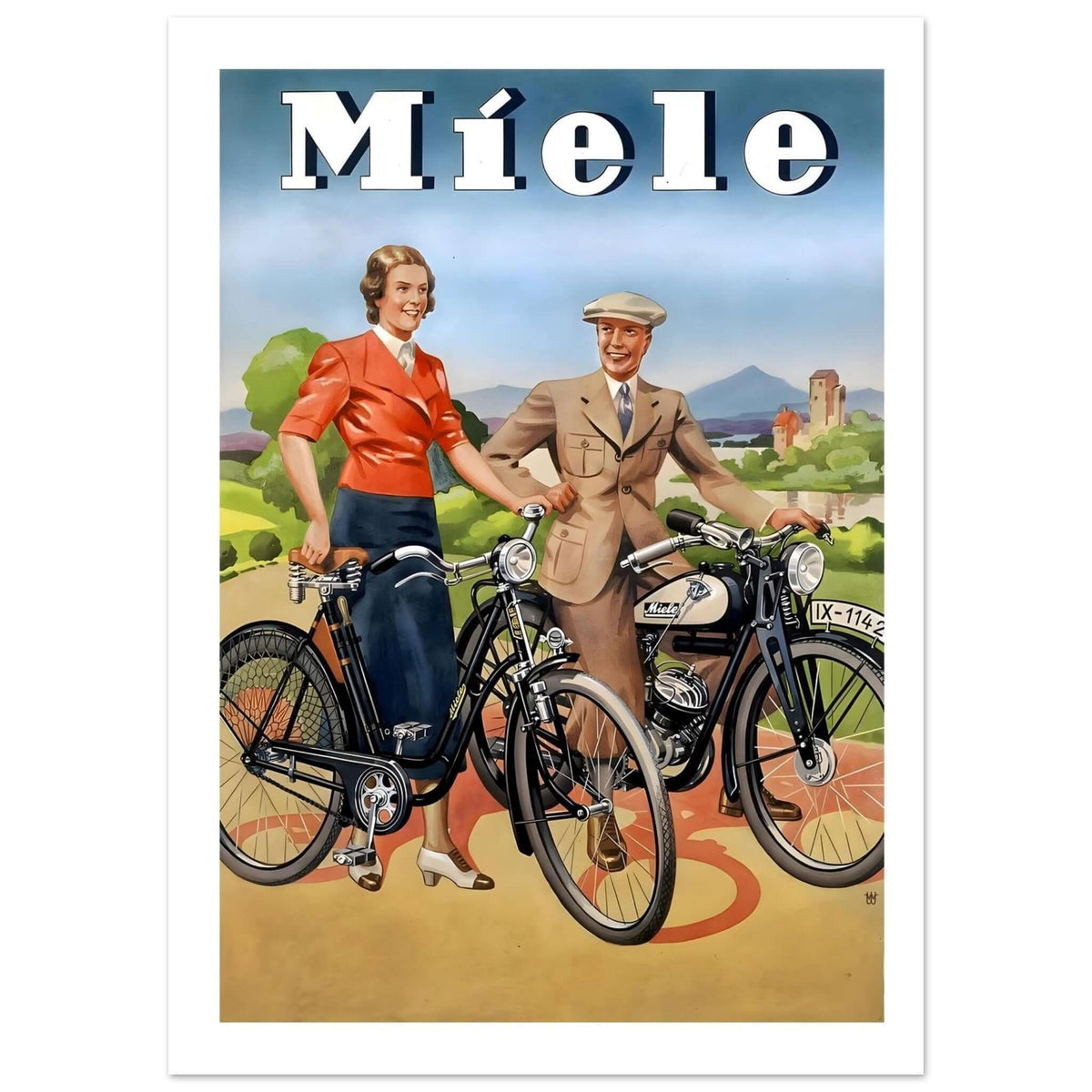 Vintage Miele Poster Featuring Classic Bicycle and Motorcycle - Transit Art