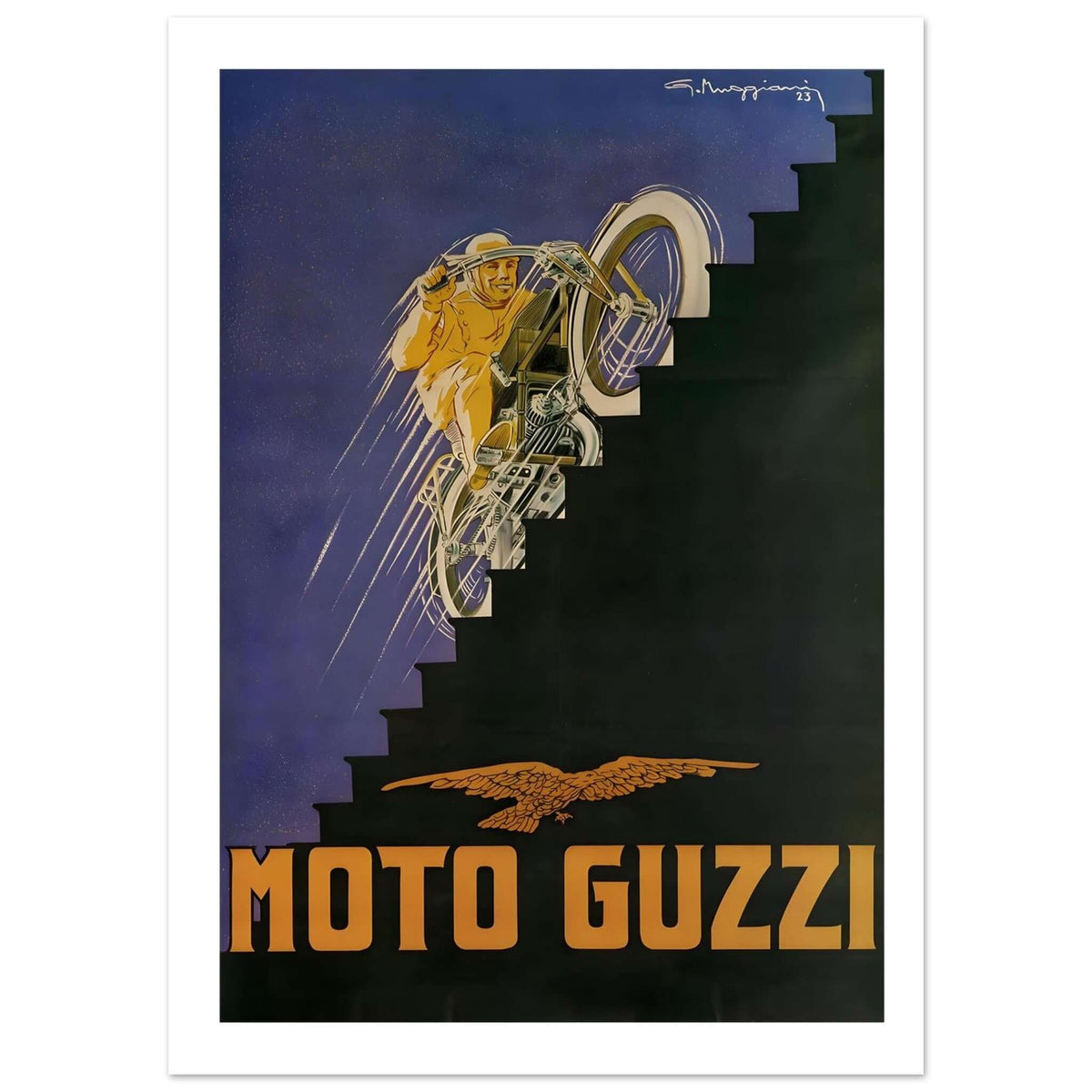 Vintage Moto Guzzi poster featuring a daring rider ascending stairs with vibrant colors and dynamic motion.
