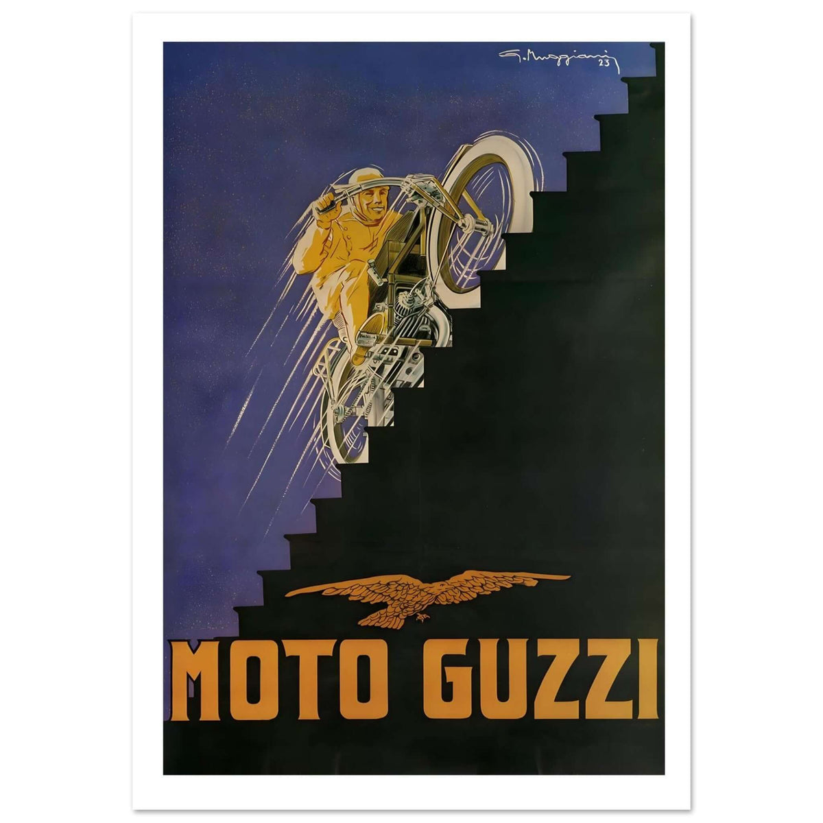 Vintage Moto Guzzi poster depicting a rider ascending stairs with speed and agility in a bold vintage design.