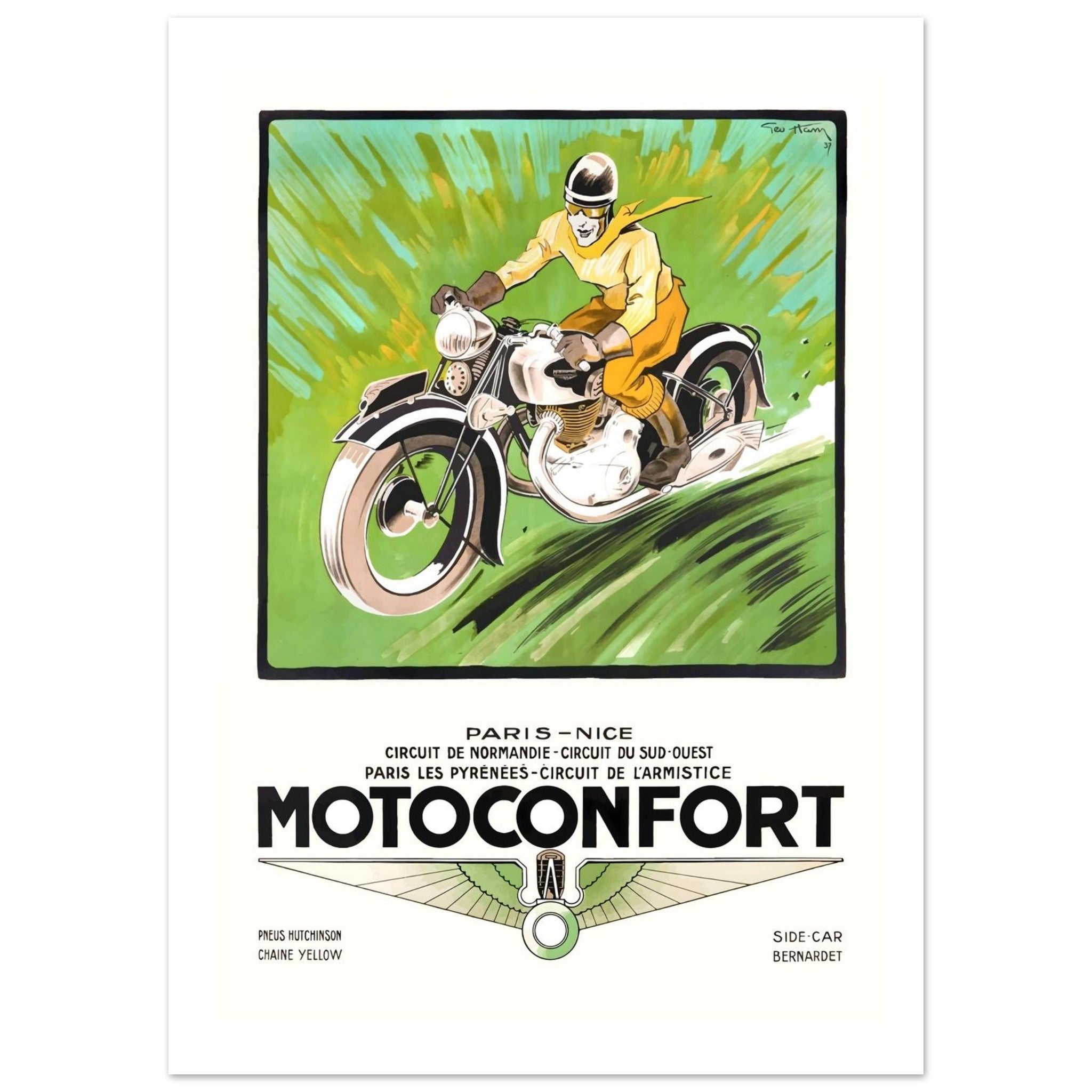 Vintage Motoconfort Racing Poster Illustrating 1937 Speed Victories - Transit Art
