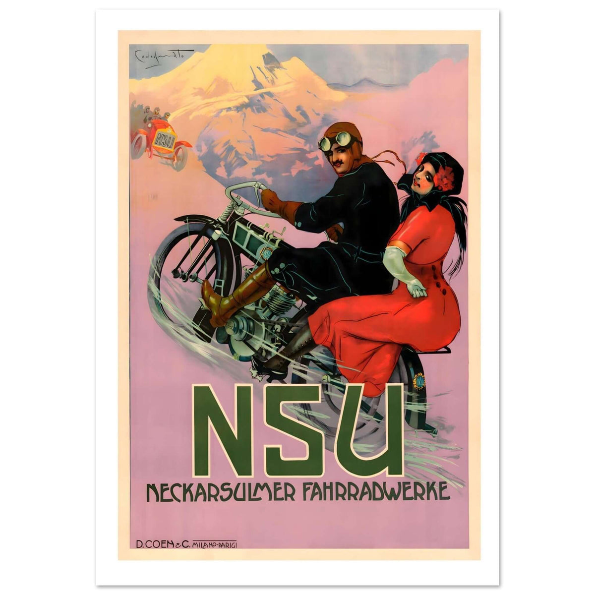 Vintage NSU Neckarsulmer Fahrradwerke Alpine Motorcycle Touring Poster - Transit Art