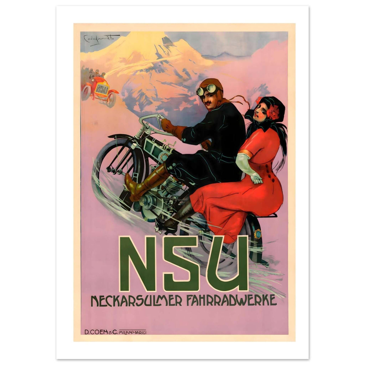 Vintage NSU Neckarsulmer Fahrradwerke Alpine Motorcycle Touring Poster - Transit Art