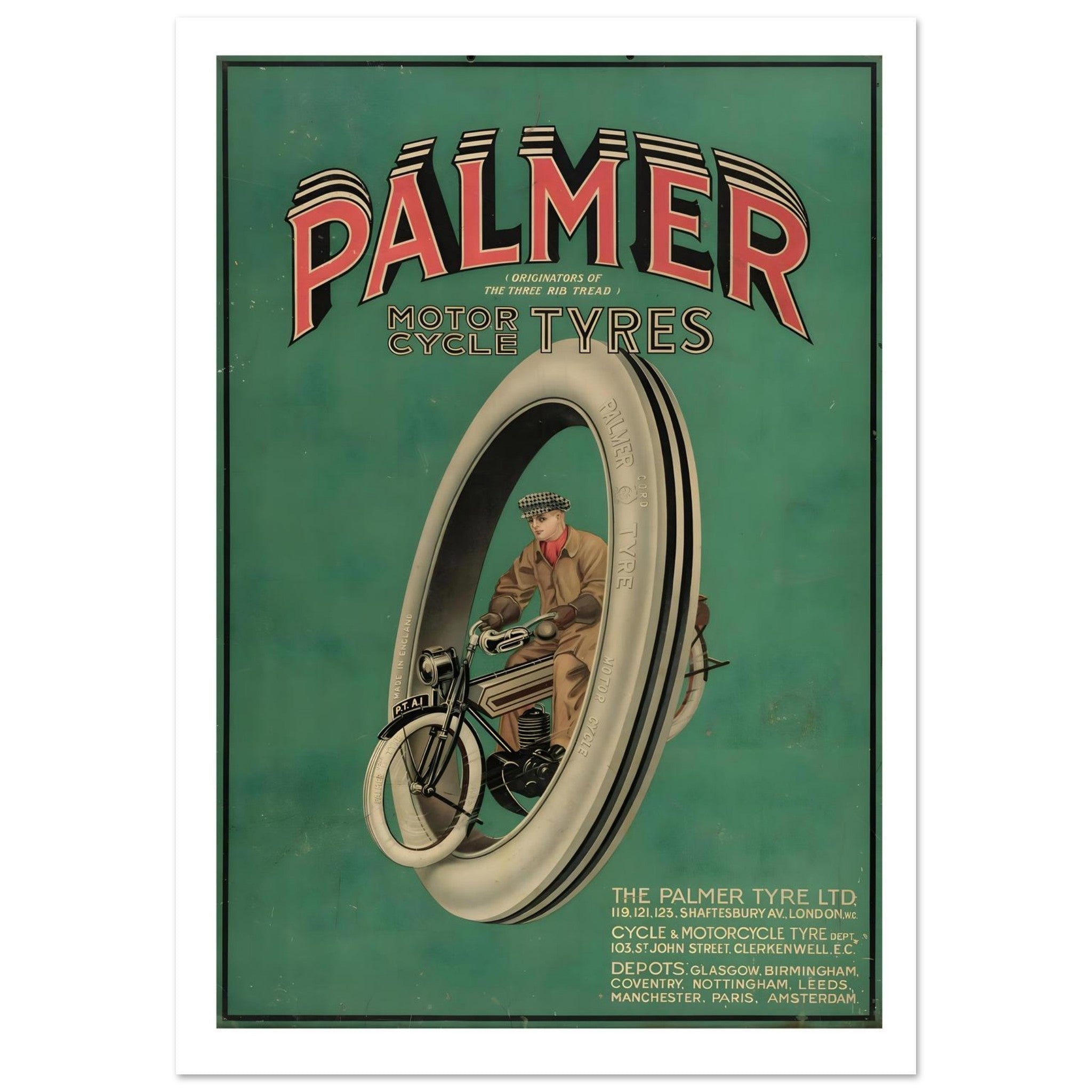 Vintage Palmer Motorcycle Tyres Surreal Graphic Advertising Poster - Transit Art