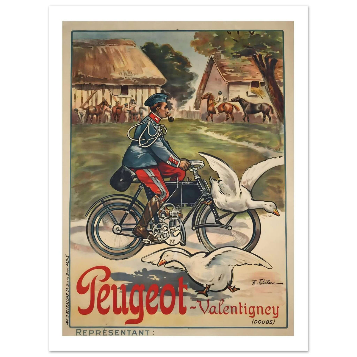 Vintage Peugeot Valentigny French Military Motorcycle Advertising Poster - Transit Art