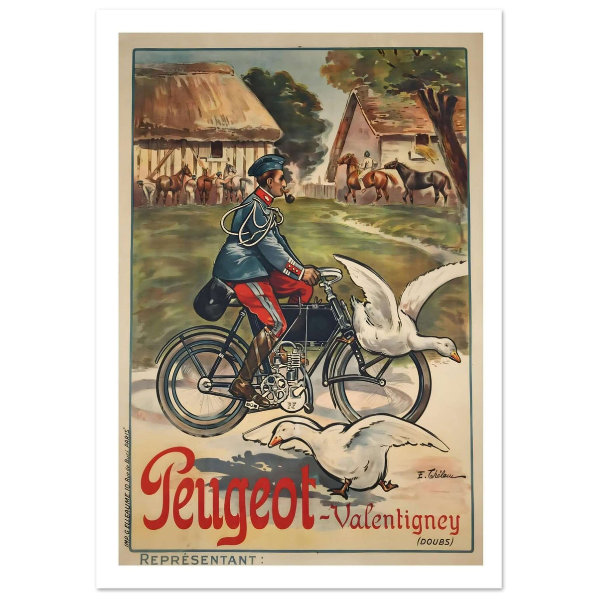 Vintage Peugeot Valentigny French Military Motorcycle Advertising Poster - Transit Art