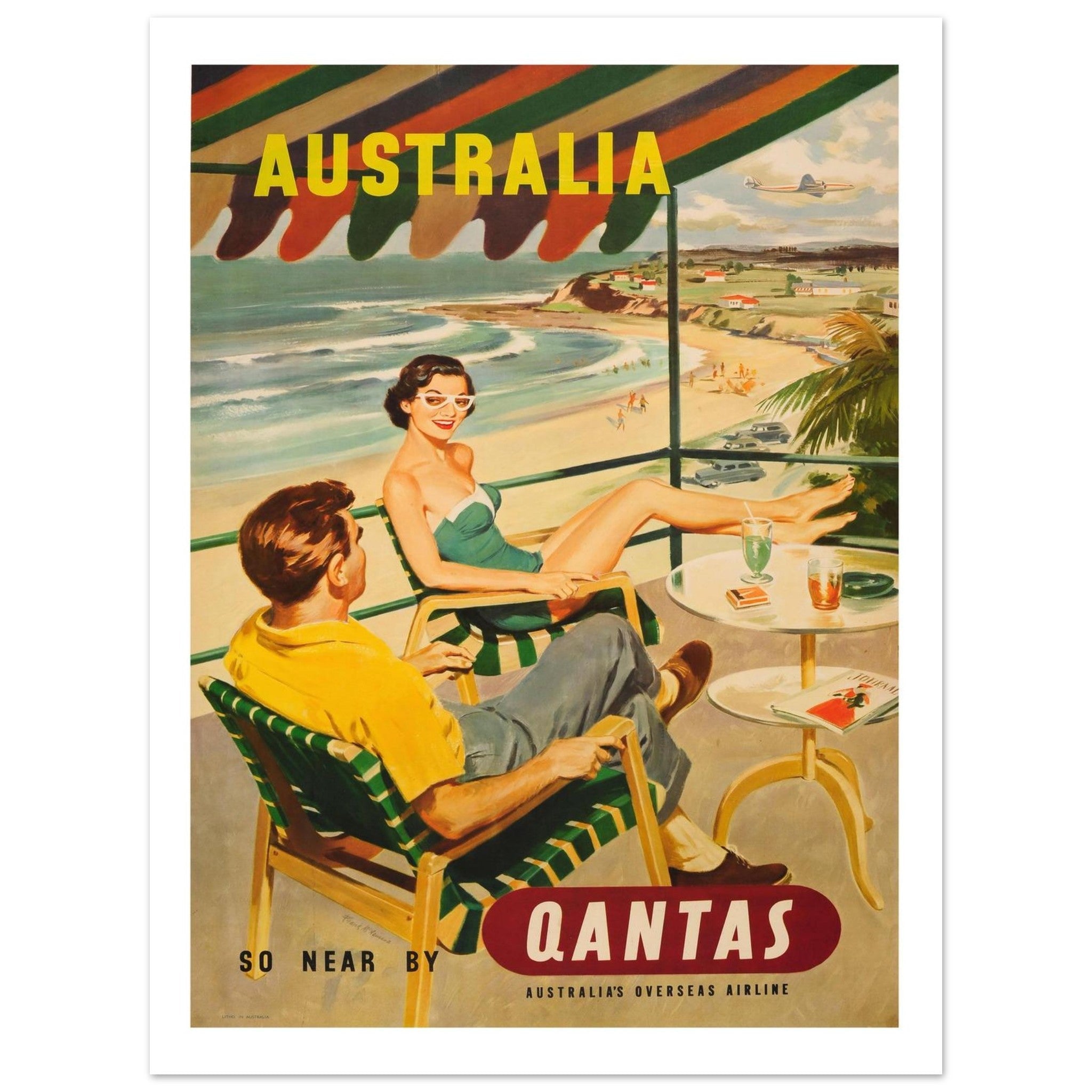 Vintage Qantas Poster Depicting A Leisurely Australian Holiday - Transit Art