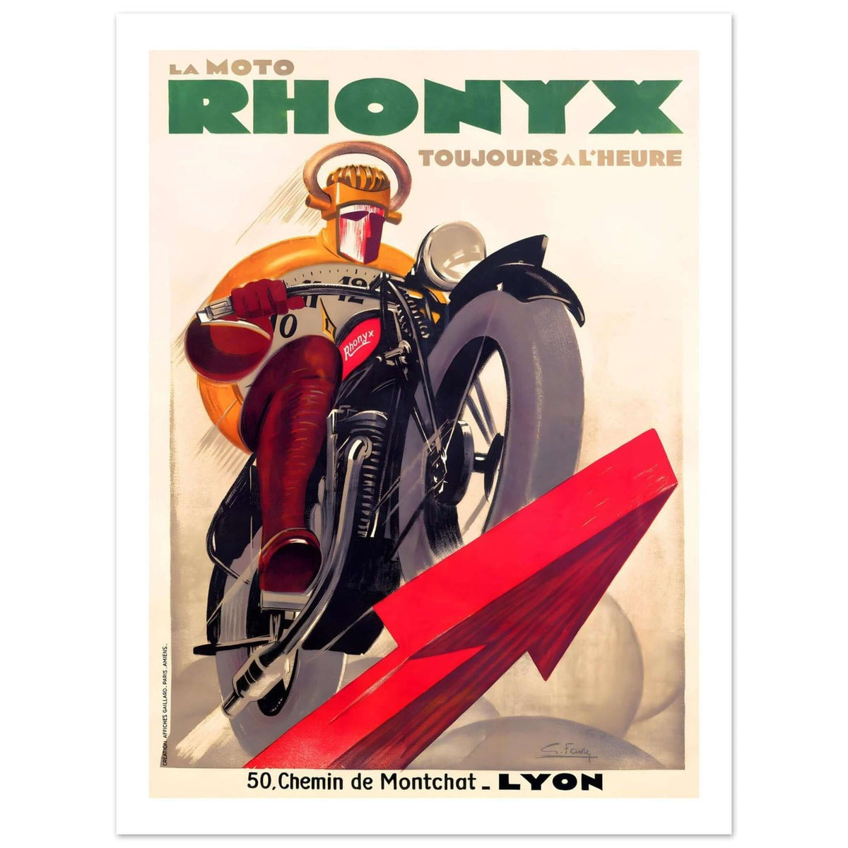 Vintage Rhonyx Motorcycle Poster Emphasizing Speed and Punctuality - Transit Art