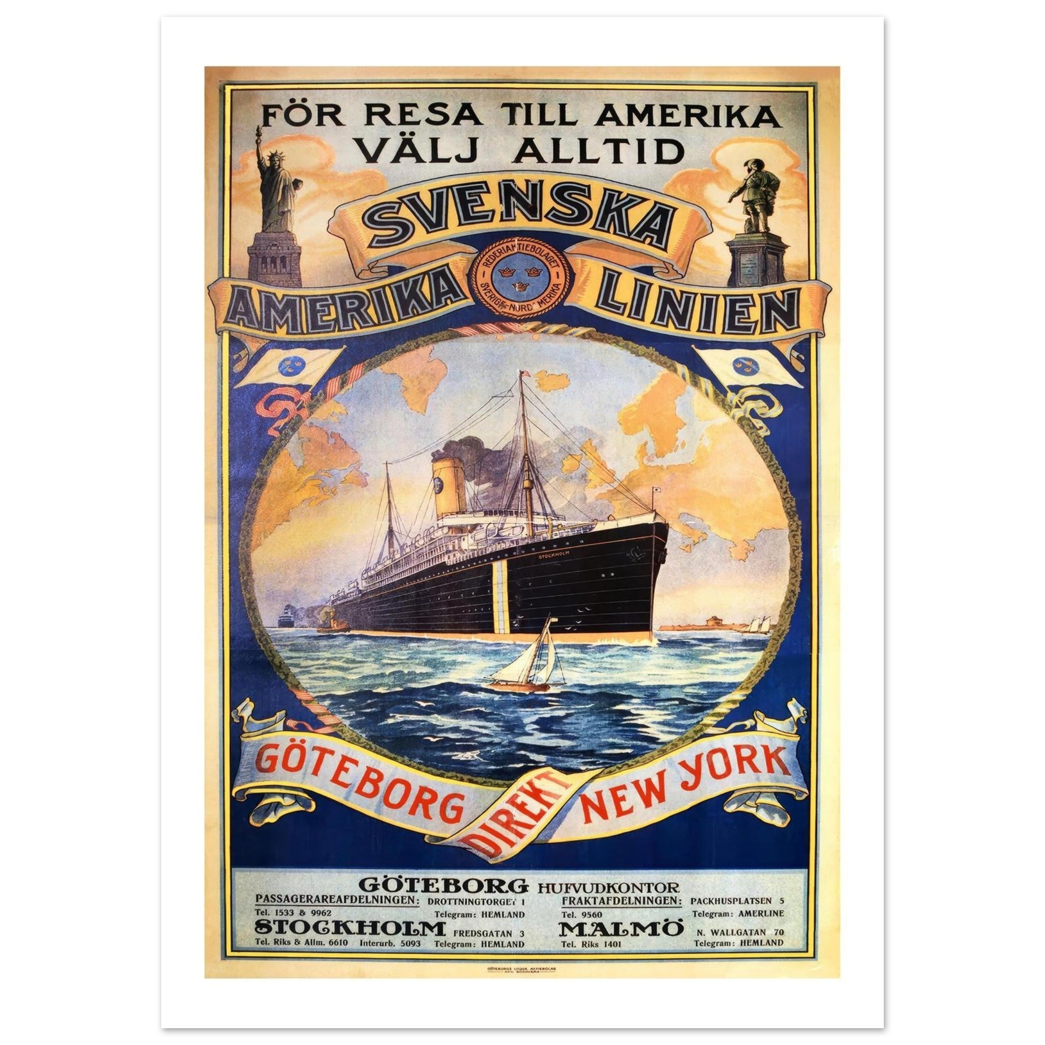 Vintage Swedish America Line Poster - Transit Art