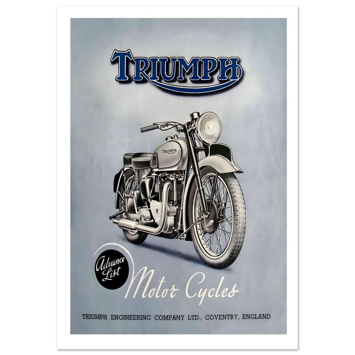 Vintage Triumph motorcycle poster featuring a classic bike against a soft blue background and vintage typography.