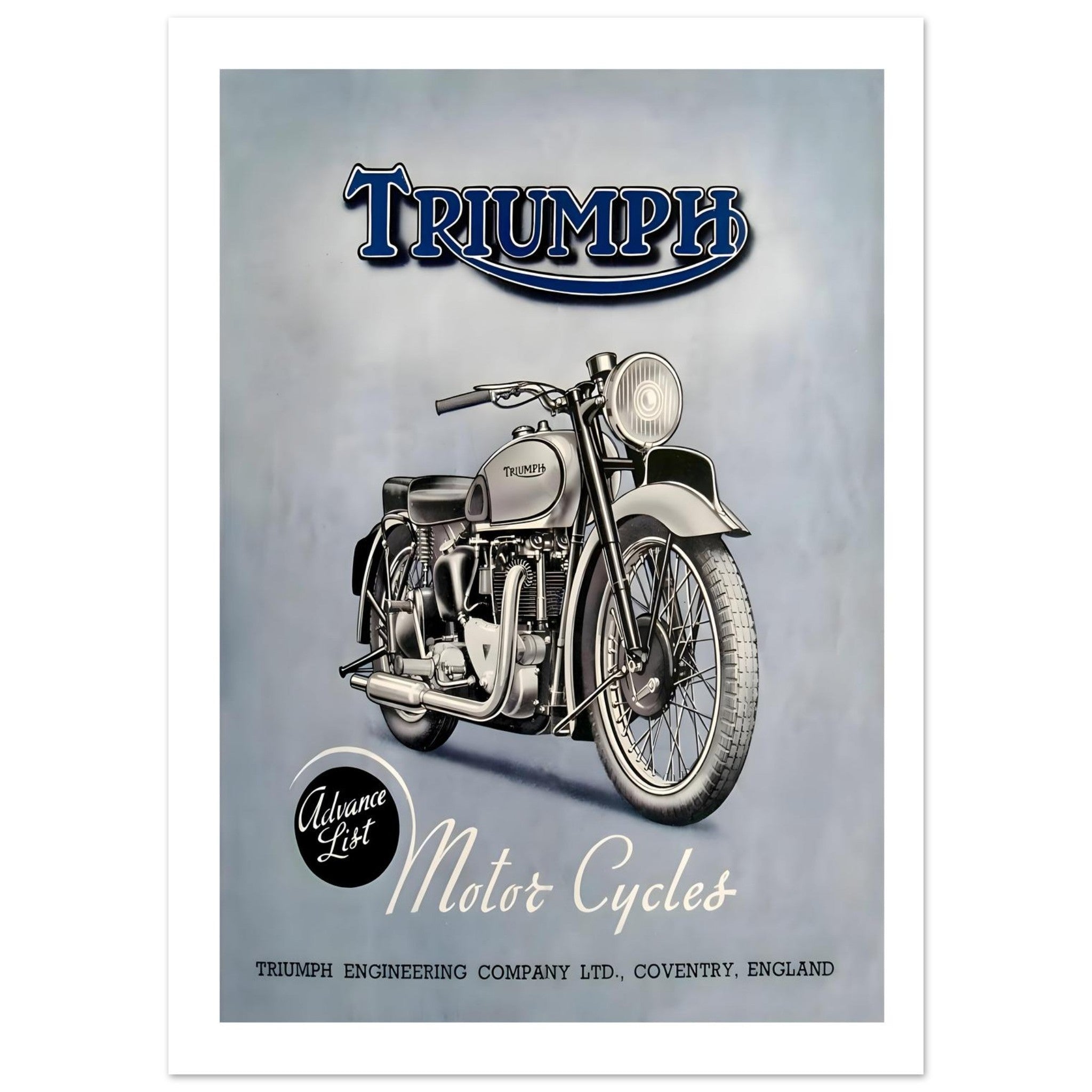 Vintage Triumph motorcycle poster featuring a classic motorcycle on a soft blue background with the Triumph logo.