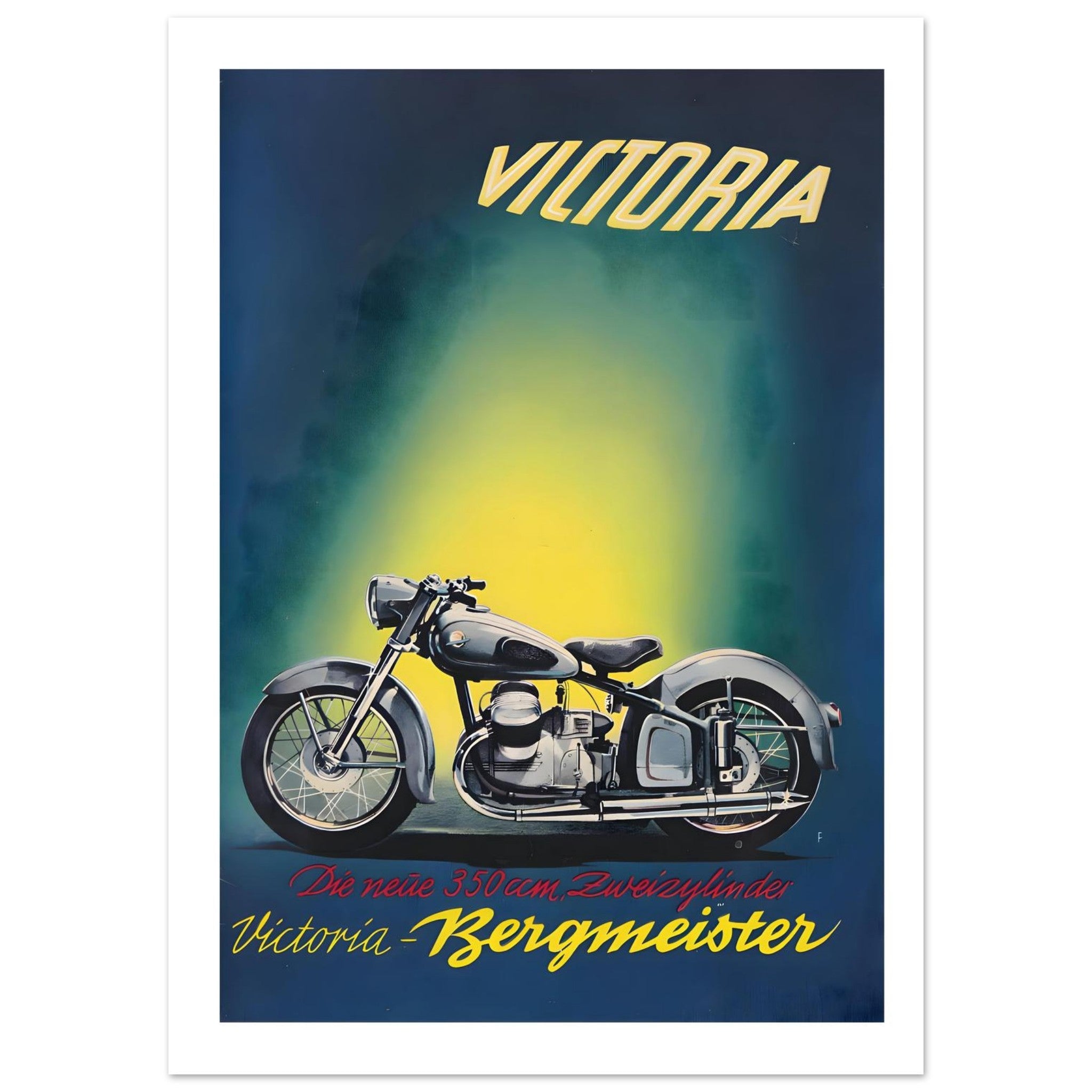 Vintage Victoria Bergmeister motorcycle advertisement poster featuring a sleek 350cc twin-cylinder model.