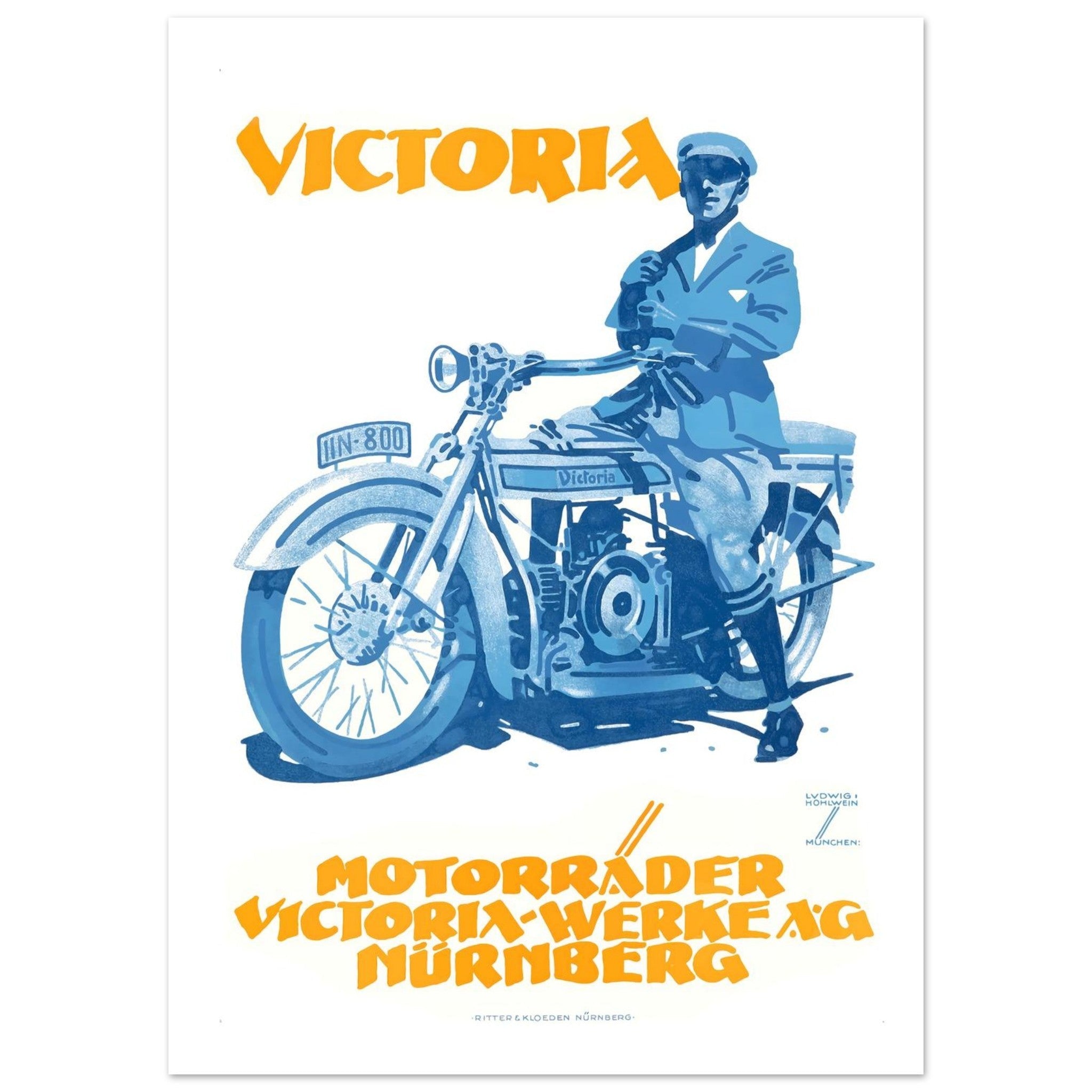 Vintage motorcycle poster featuring a Victoria motorcycle and rider in striking blue and orange colors.