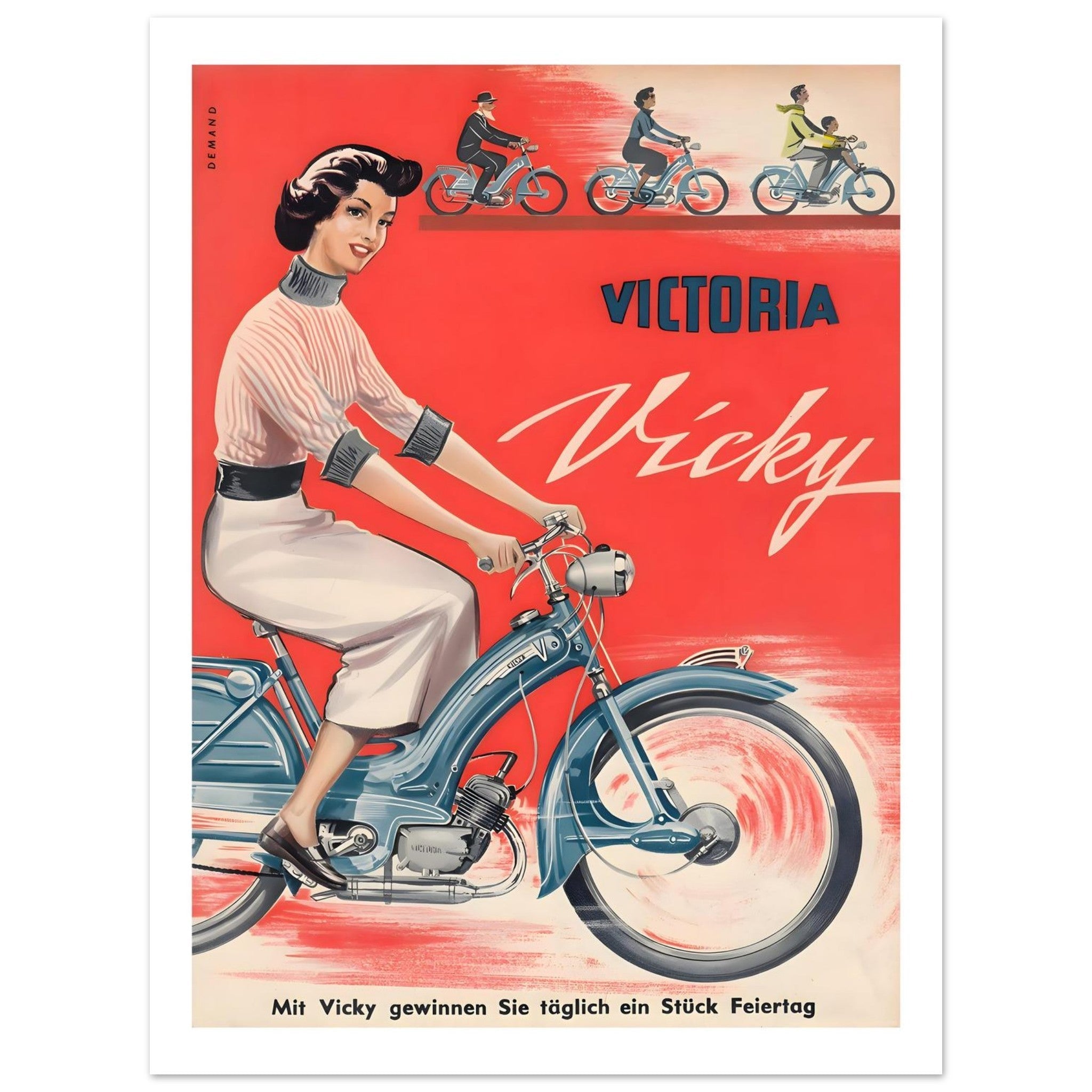 Vintage Victoria Vicky scooter advertisement poster featuring a woman on a blue scooter with a bold red background.