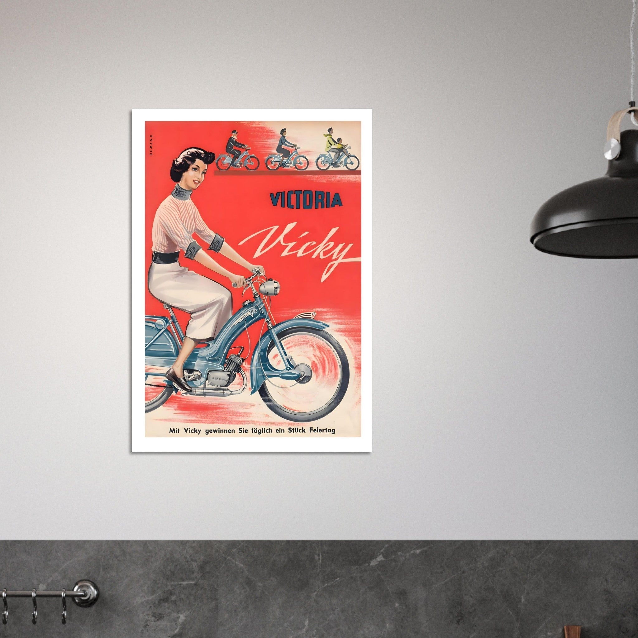 Vintage Victoria Vicky scooter advertisement poster featuring a woman riding a blue scooter against a red background.