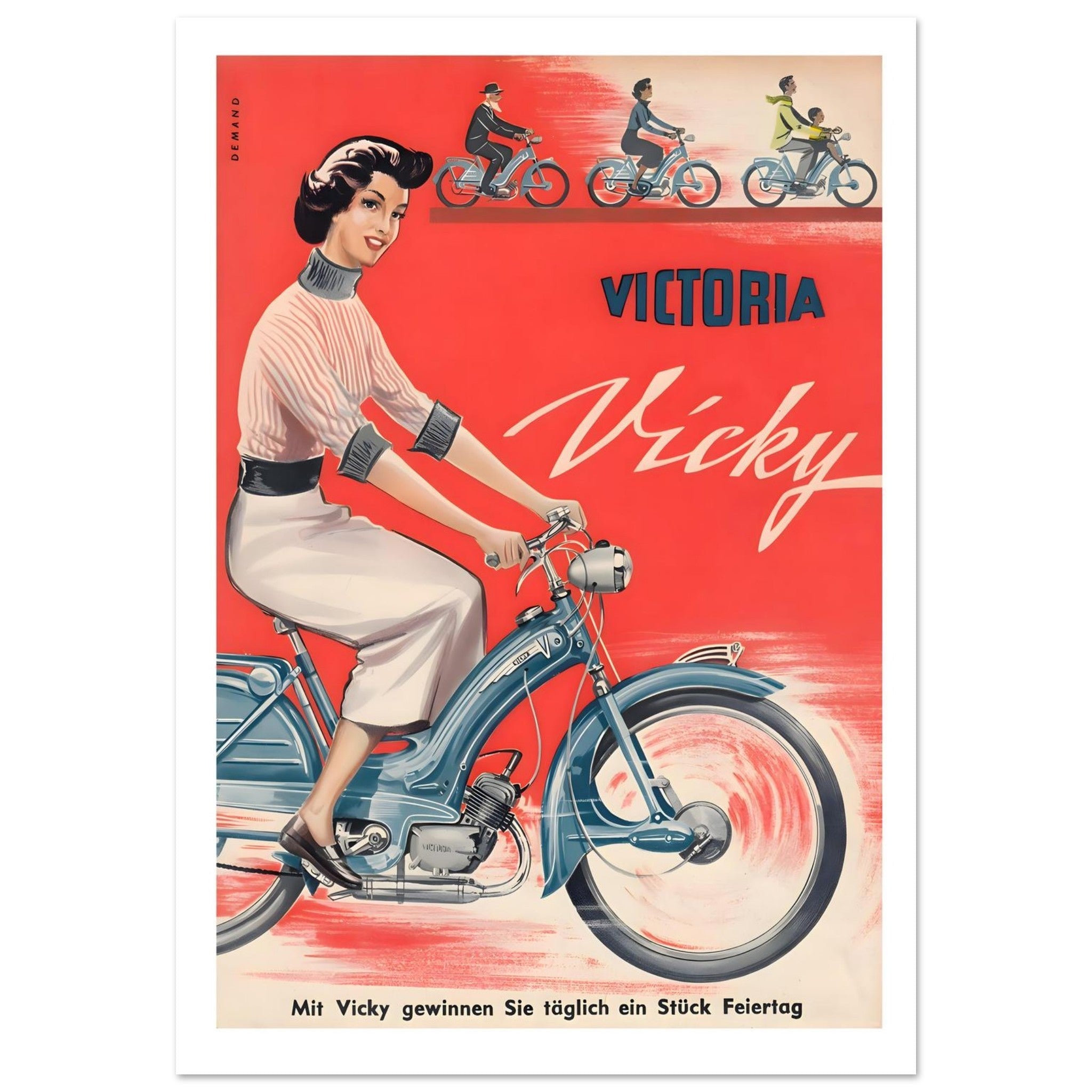 Vintage Scooter Advertisement Poster featuring a woman riding a blue Victoria Vicky scooter against a vibrant red background.