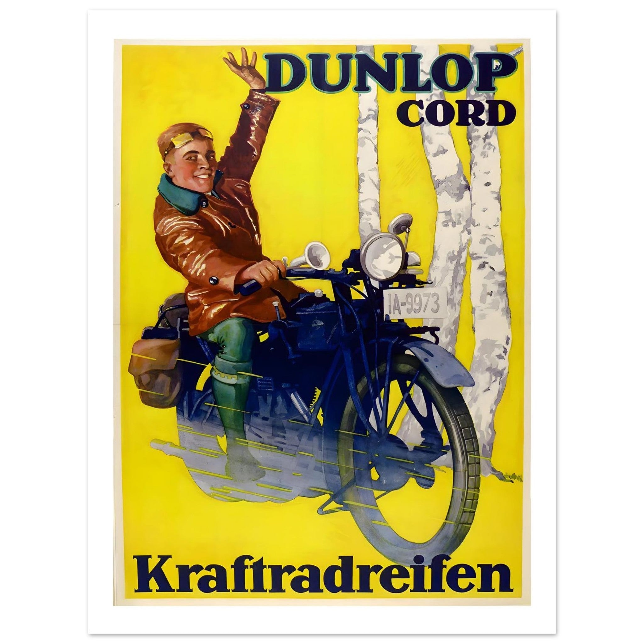 Vintage Dunlop Cord motorcycle advertisement featuring a joyful rider waving on a bright yellow background.