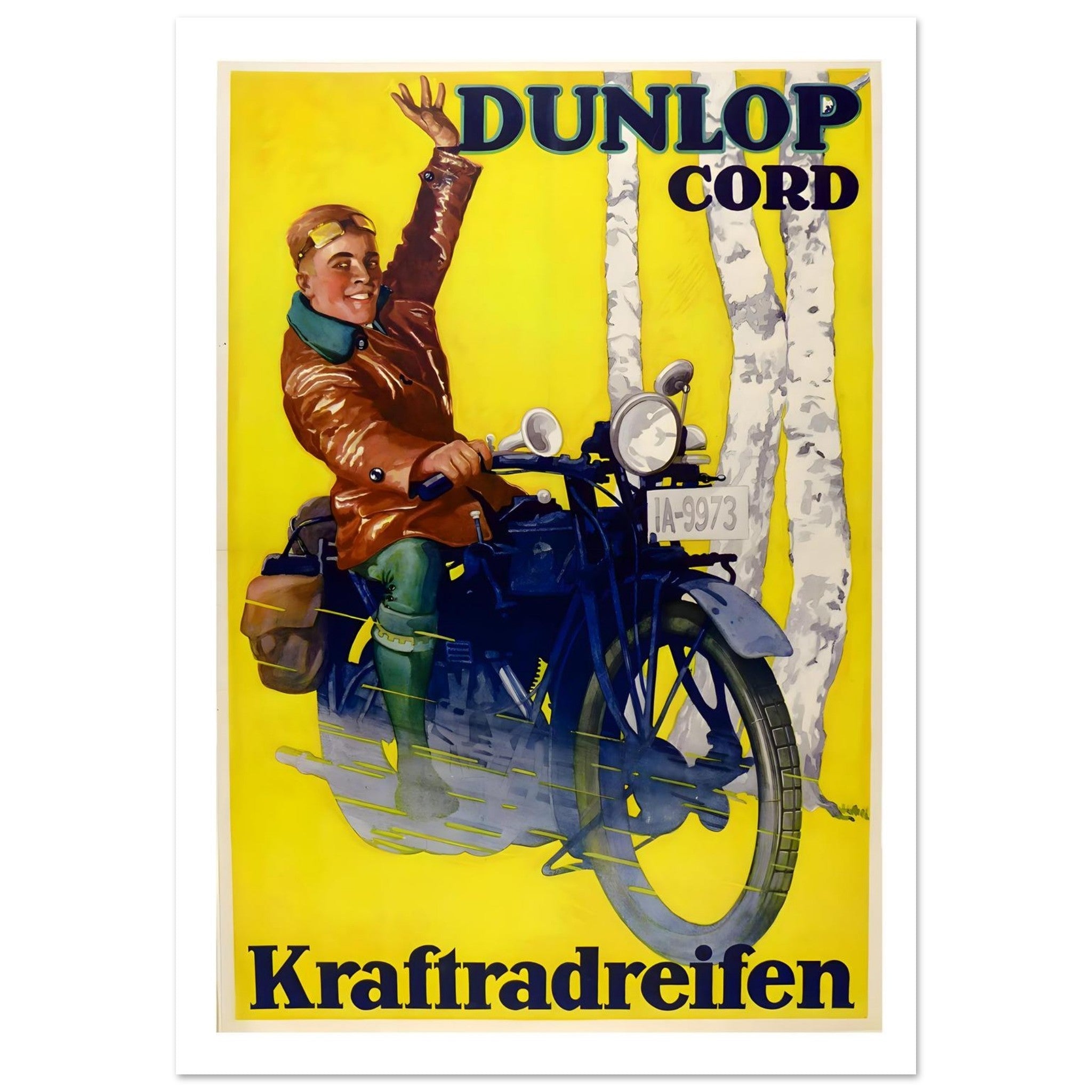 alt tag: Vintage Dunlop motorcycle advertisement featuring a cheerful rider, showcasing a classic motorcycle design.