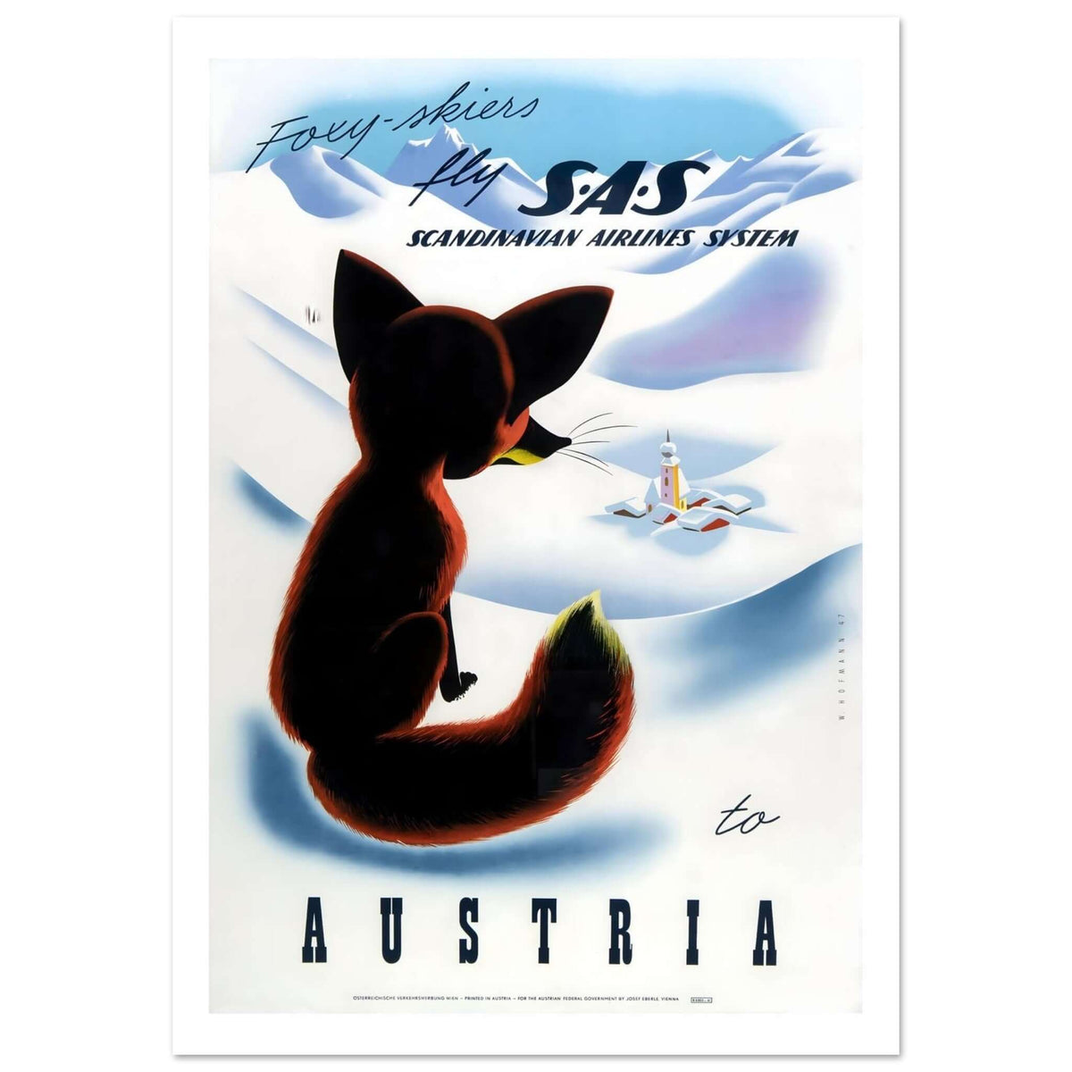Whimsical SAS Travel Poster Featuring A Foxy Skier - Transit Art