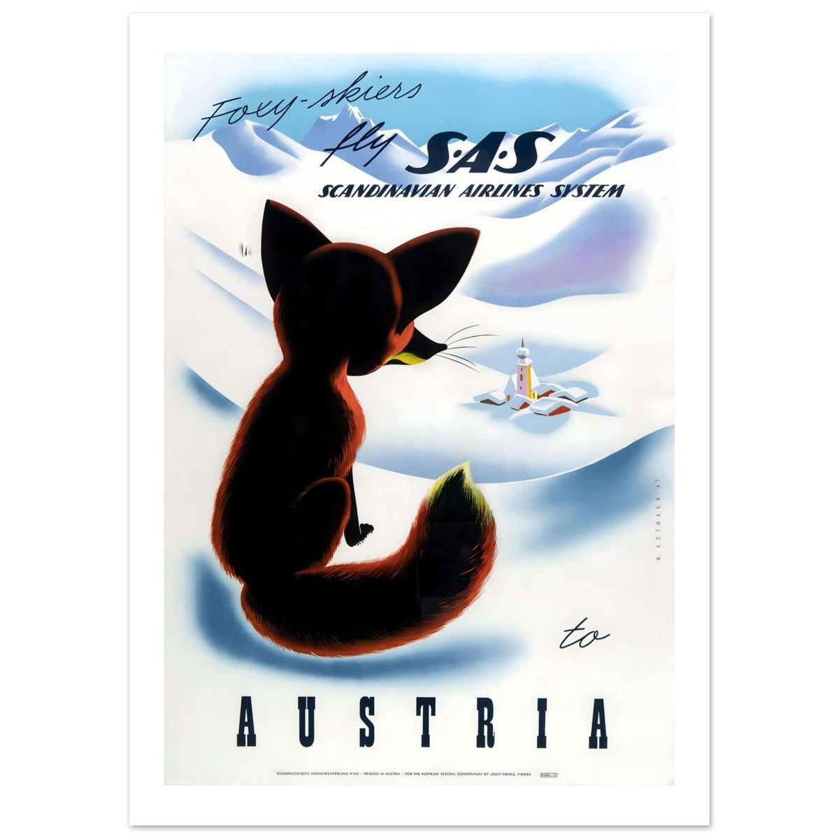 Whimsical SAS Travel Poster Featuring A Foxy Skier - Transit Art
