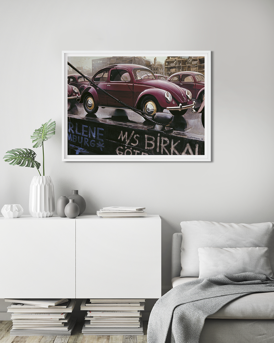 Volkswagen beetles at the docks in Hamburg, Germany after the war.