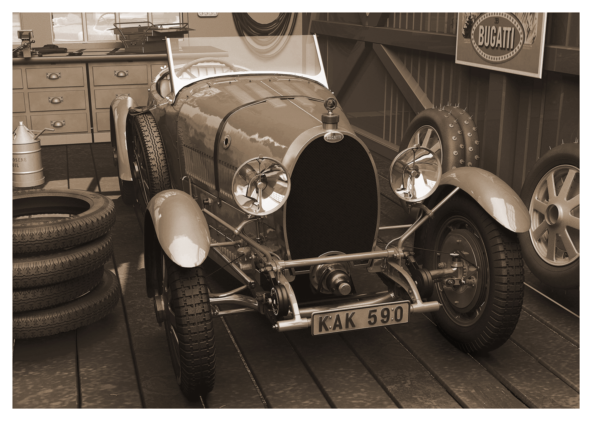 Bugatti in garage - Sepia - Transit Art