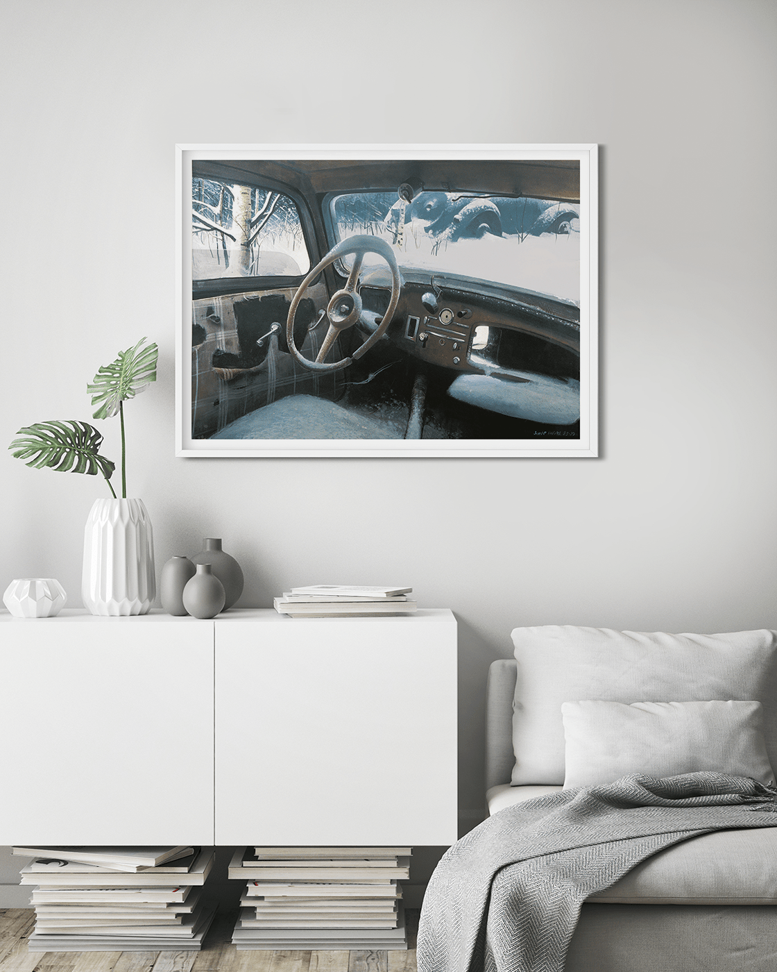 Citroen Wreck, Abandoned Citroen in a snowy Scandinavian landscape. Original painting in Gouache. Available as high quality print on Giclée, 200 gsm / 80 lb museum-quality poster made on thick and long-lasting matte (uncoated) paper. Available in 3 differ