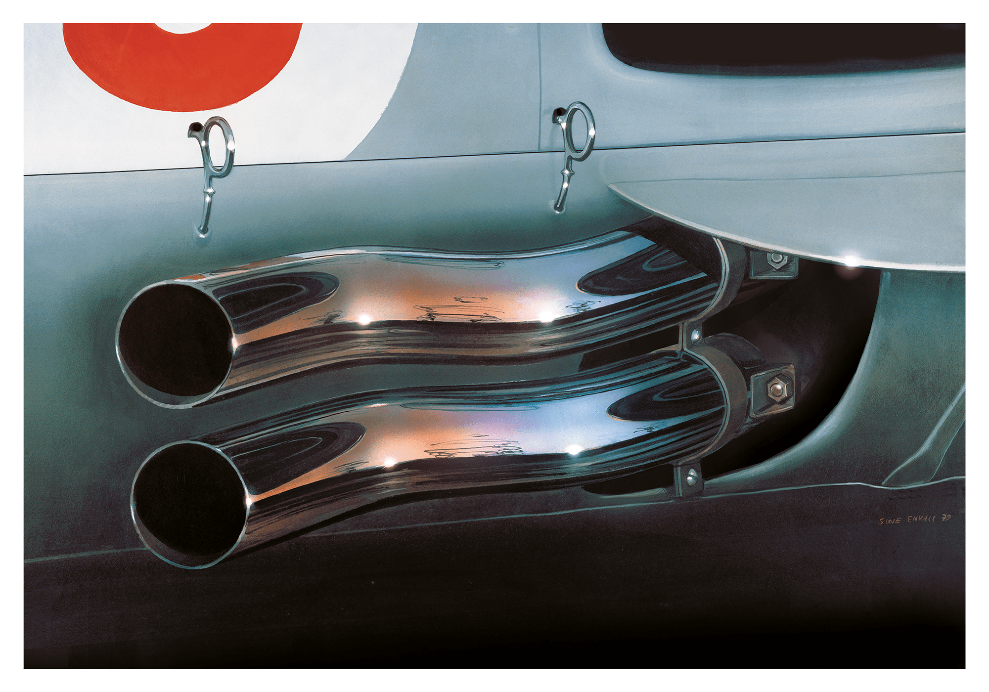 Mercedes W-196 Exhaust Stack, A detailed view of Mercedes W-196 exhaust pipes. The Mercedes W-196 was unveiled in the 1950s and quickly made its mark on the world stage of Formula One racing. Designed with cutting-edge technology and aerodynamic features,