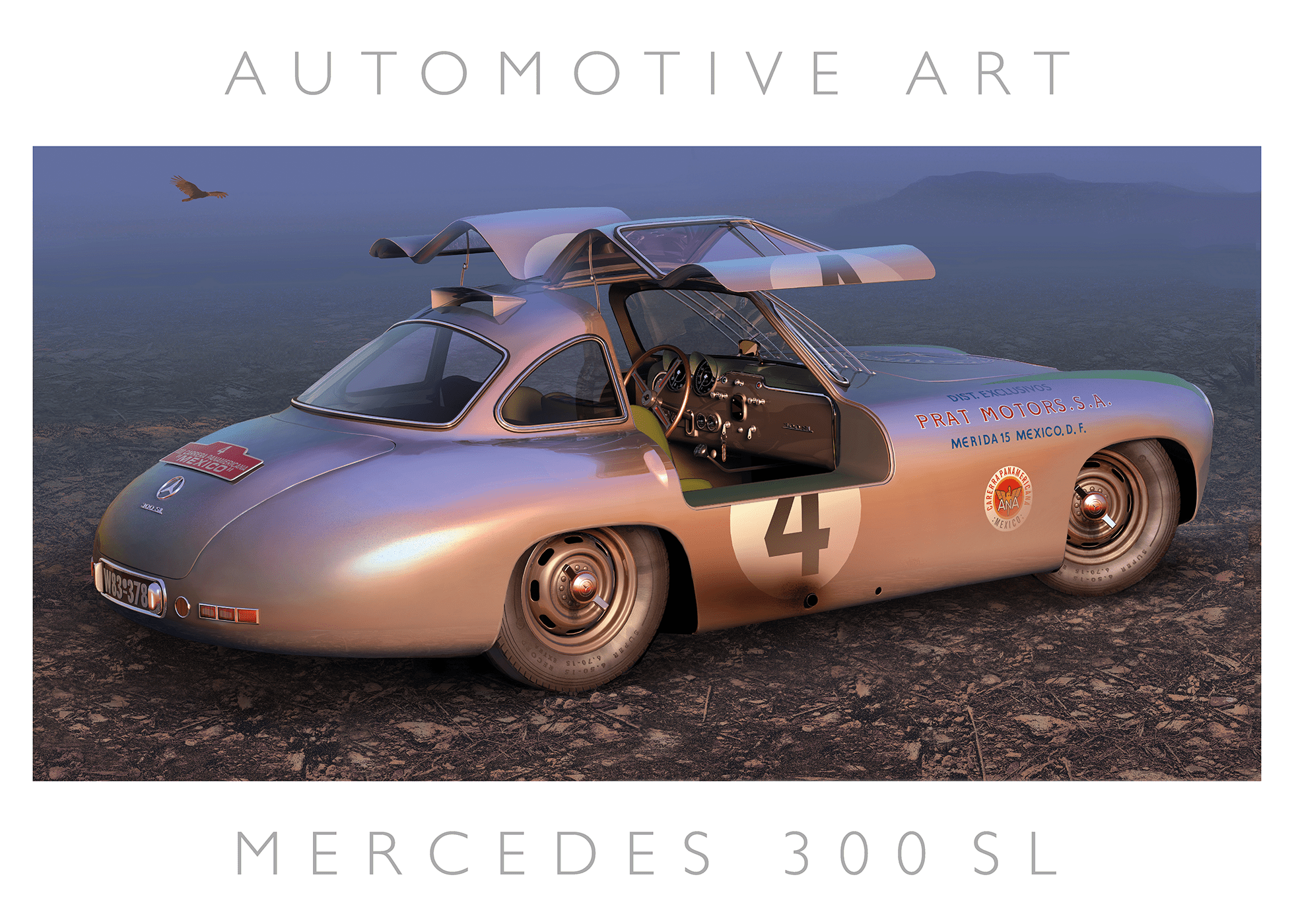 Mexican Dusk - Color, Mercedes 300 SL at Carrera Panamericana in Mexico. The Carrera Panamericana, a legendary race held in Mexico, has witnessed countless automotive triumphs over the years. Among the iconic cars that have left an indelible mark on this