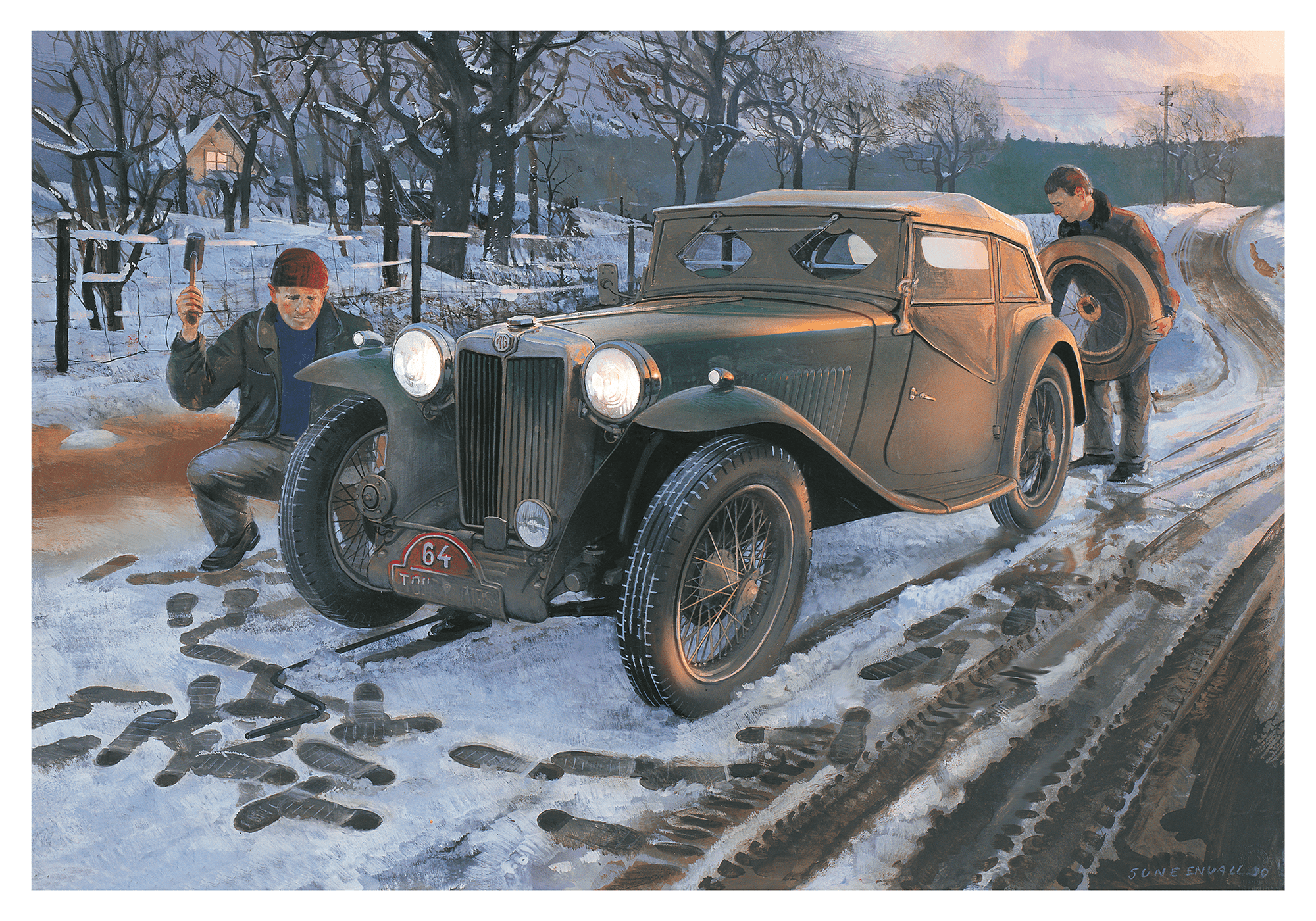 Nordic Rally, Changing tyres on a MG TC during a winter rally in Scandinavia. The MG TC's classic design is a sight to behold, even amidst the winter wonderland of a rally. Its sleek lines, chrome accents, and compact body capture the essence of British s
