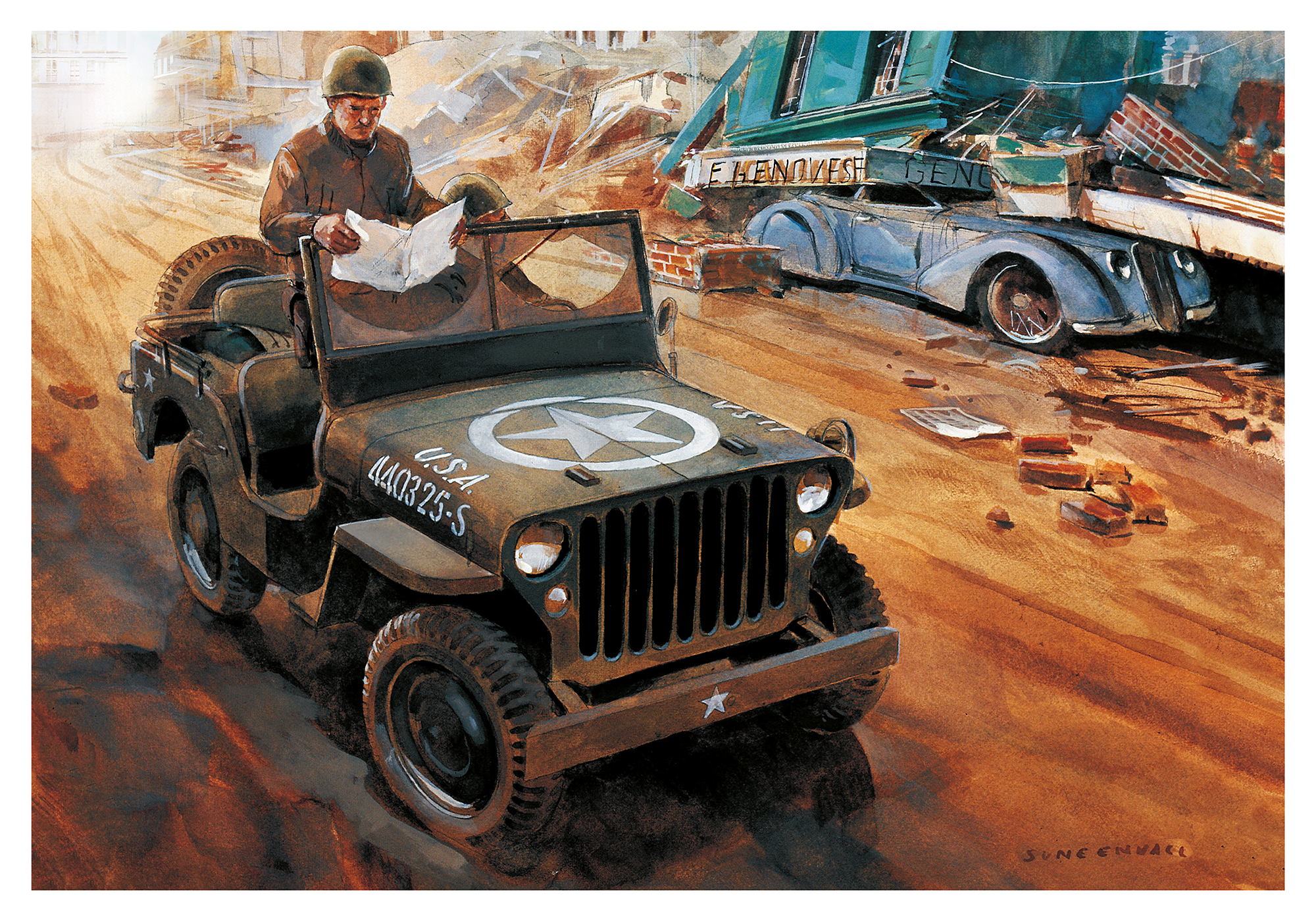 Patton first In Sicilly, General George S. Patton in the legendary Willy's Jeep in Italy. The WW2 Willys Jeep is an iconic four-wheel-drive vehicle that was first produced for the US military during World War II. This rugged and dependable vehicle was des