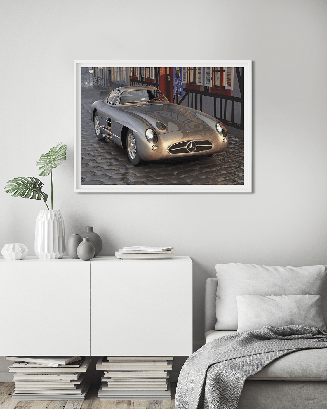 Uhlenhaut´s car, Mercedes 300 SL outside of a german restaurant. In the idyllic setting outside the German restaurant, the Mercedes 300 SL stands as a testament to timeless elegance and German ingenuity. The allure of this automotive icon is impossible to
