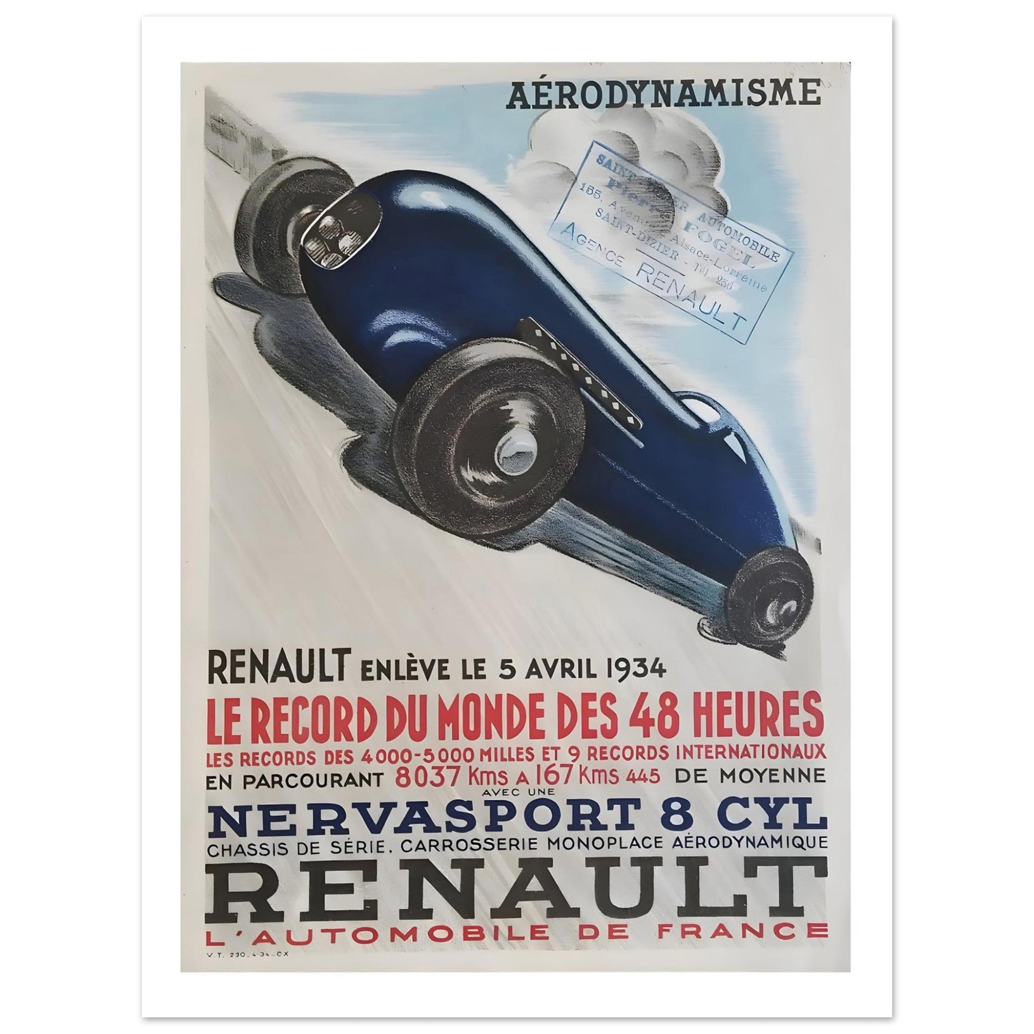 1934 Renault Nervasport World Record Poster - Transit Art
