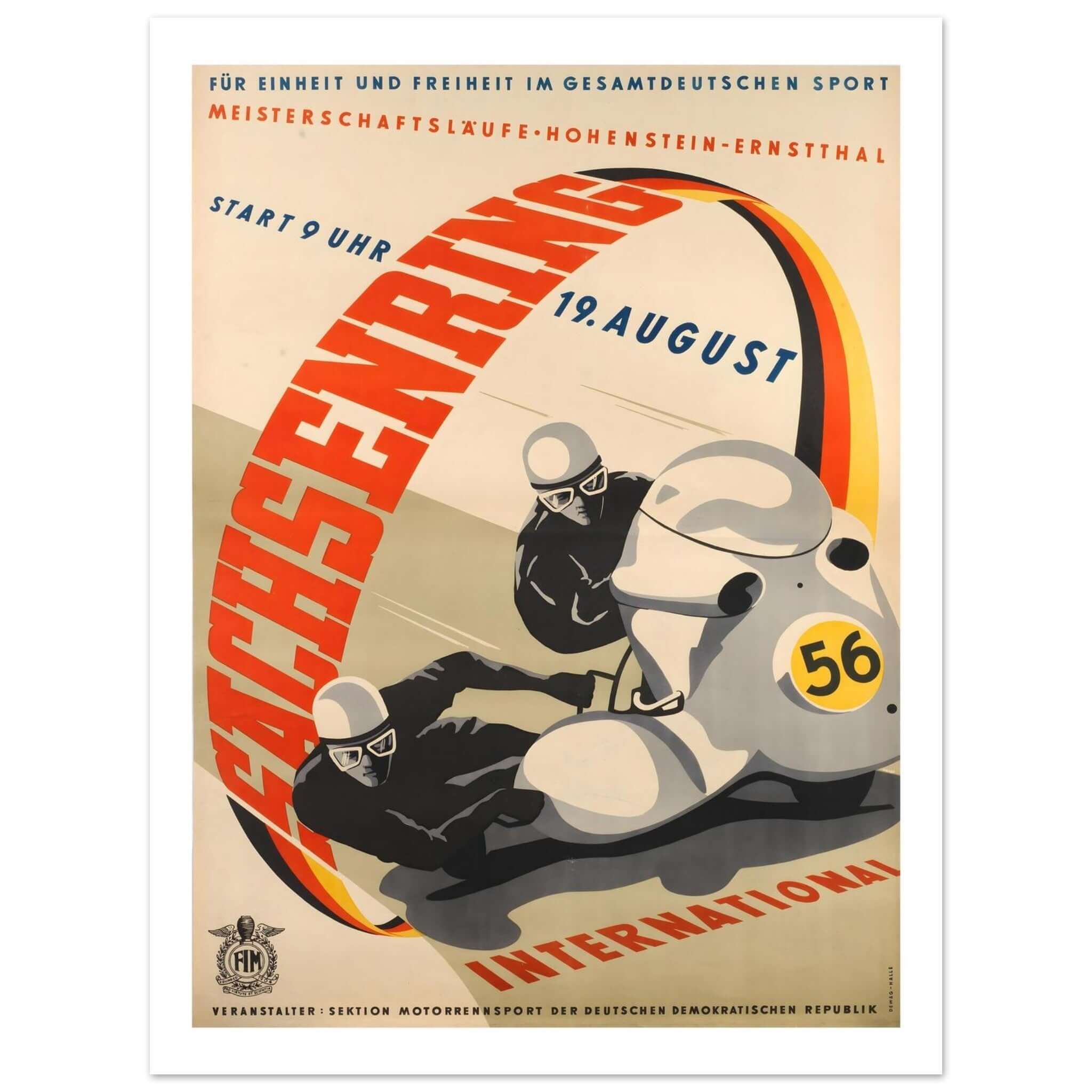 1960 Sachsenring International Motorcycle Race Poster This vibrant 1960 poster promotes the International Sachsenring motorcycle race, held on August 19th at the Hohenstein-Ernstthal circuit. The dynamic design features a motorcyclist and a sidecar racing