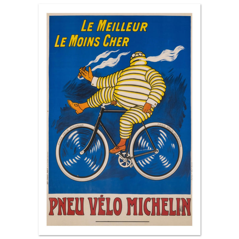 Illustrated poster with the well known Michelin Bibendum smoking a cigar and riding his bike. White, Blue, green and yellow printed poster.