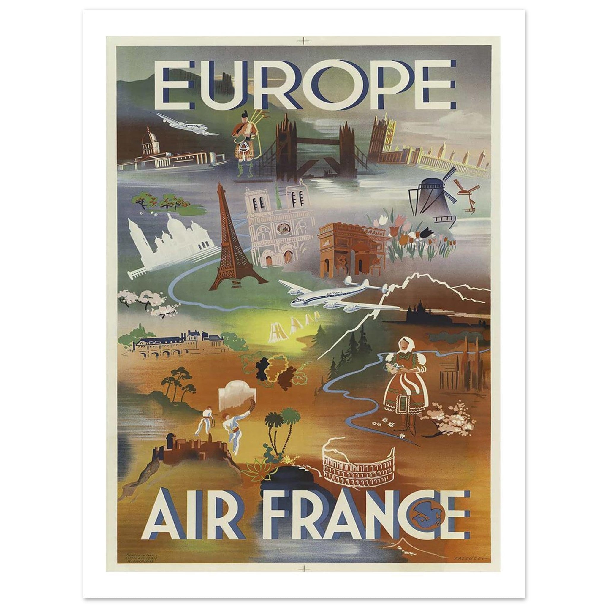 Artistic Air France Poster Illustrating Europe's Cultural Landmarks - Transit Art
