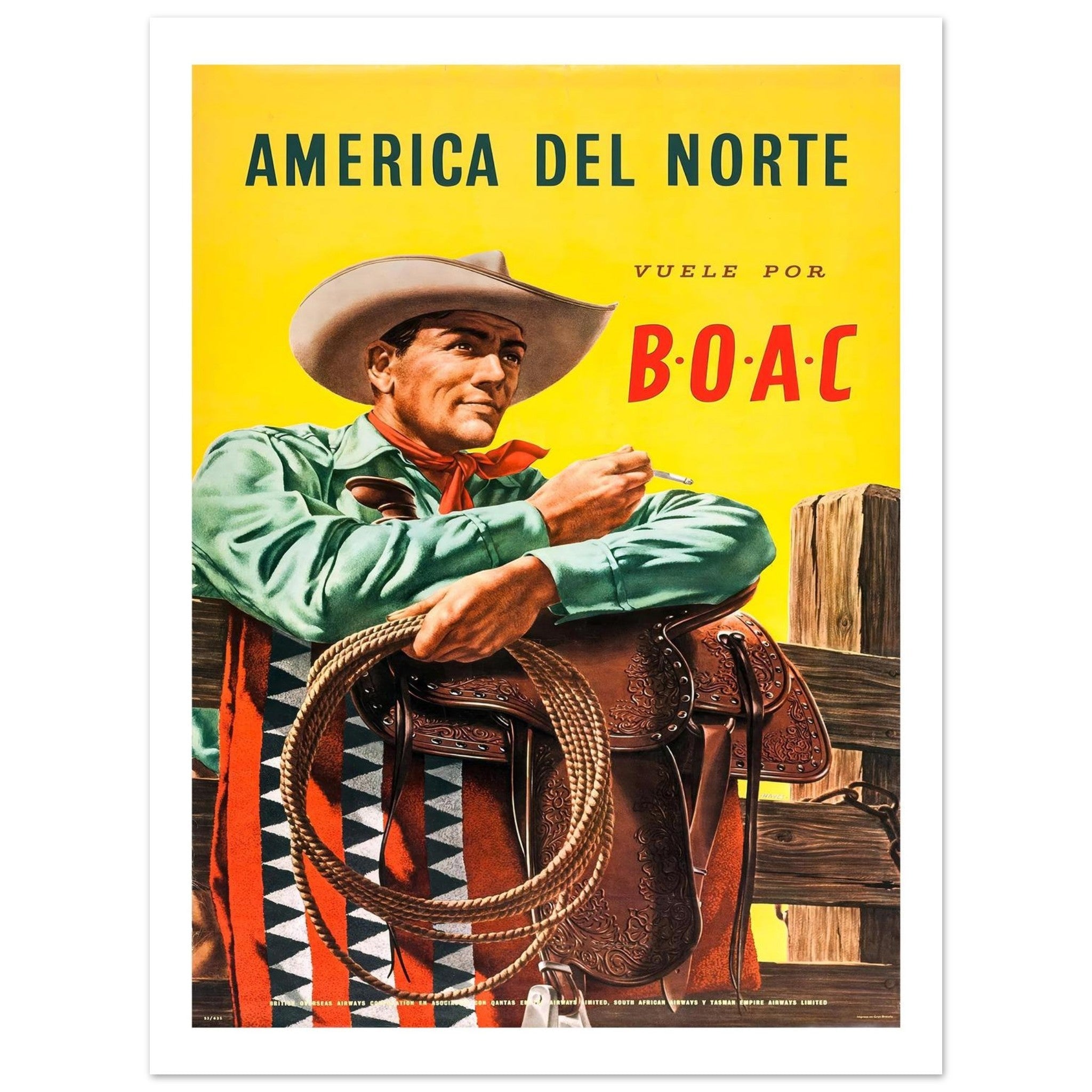 BOAC America Del Norte Vintage Cowboy Travel Poster - Transit Art