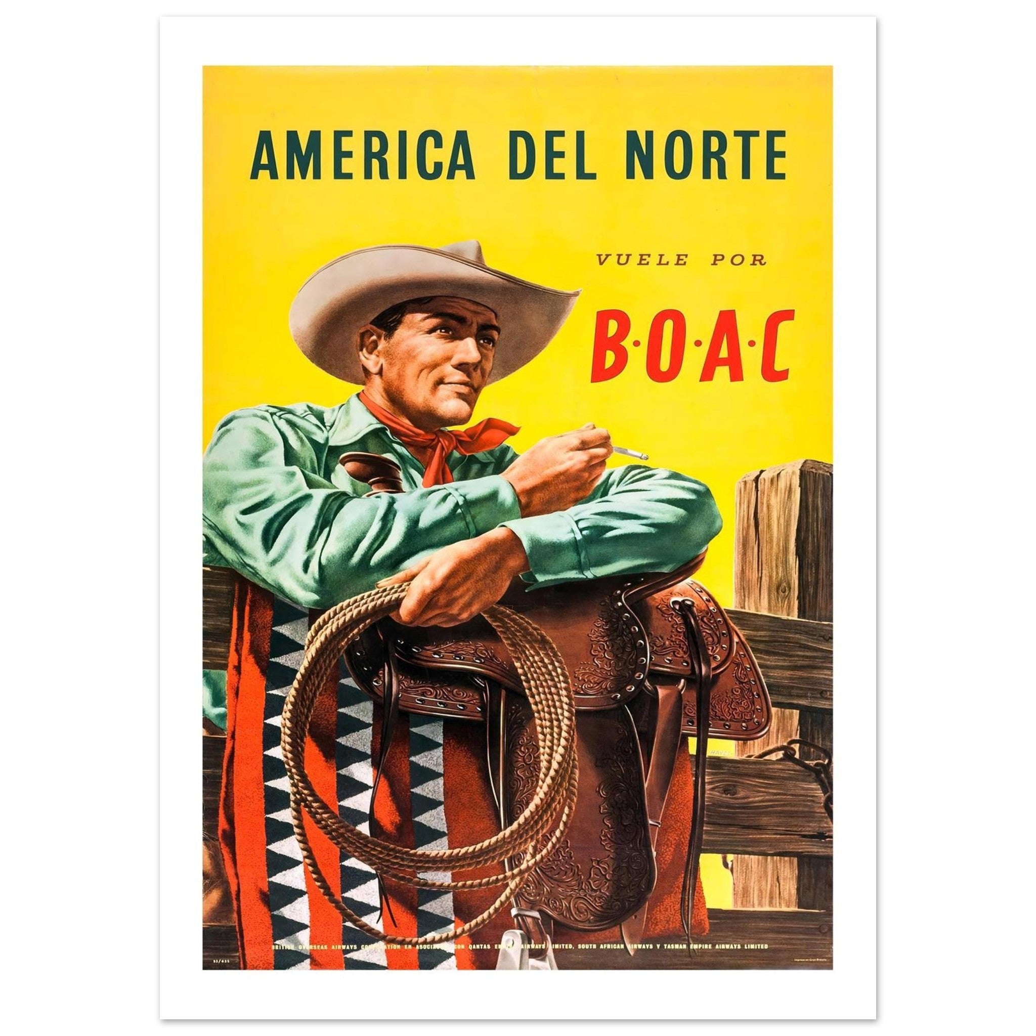 BOAC America Del Norte Vintage Cowboy Travel Poster - Transit Art