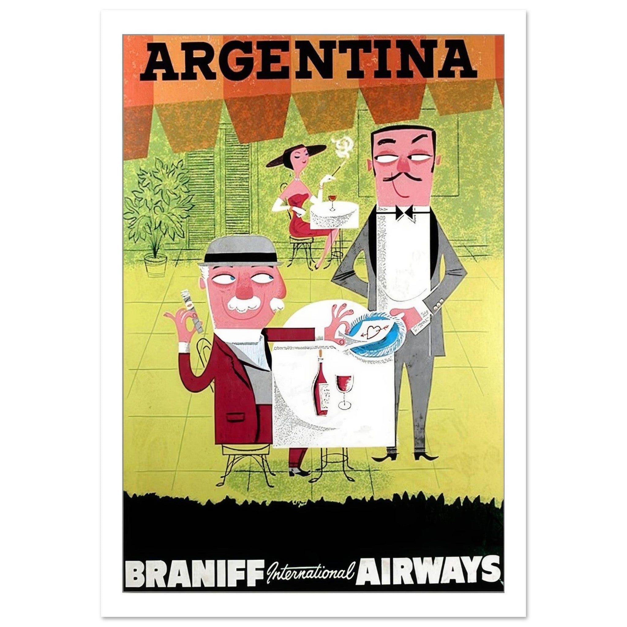 Braniff International Airways Argentina Sophisticated Café Travel Poster - Transit Art
