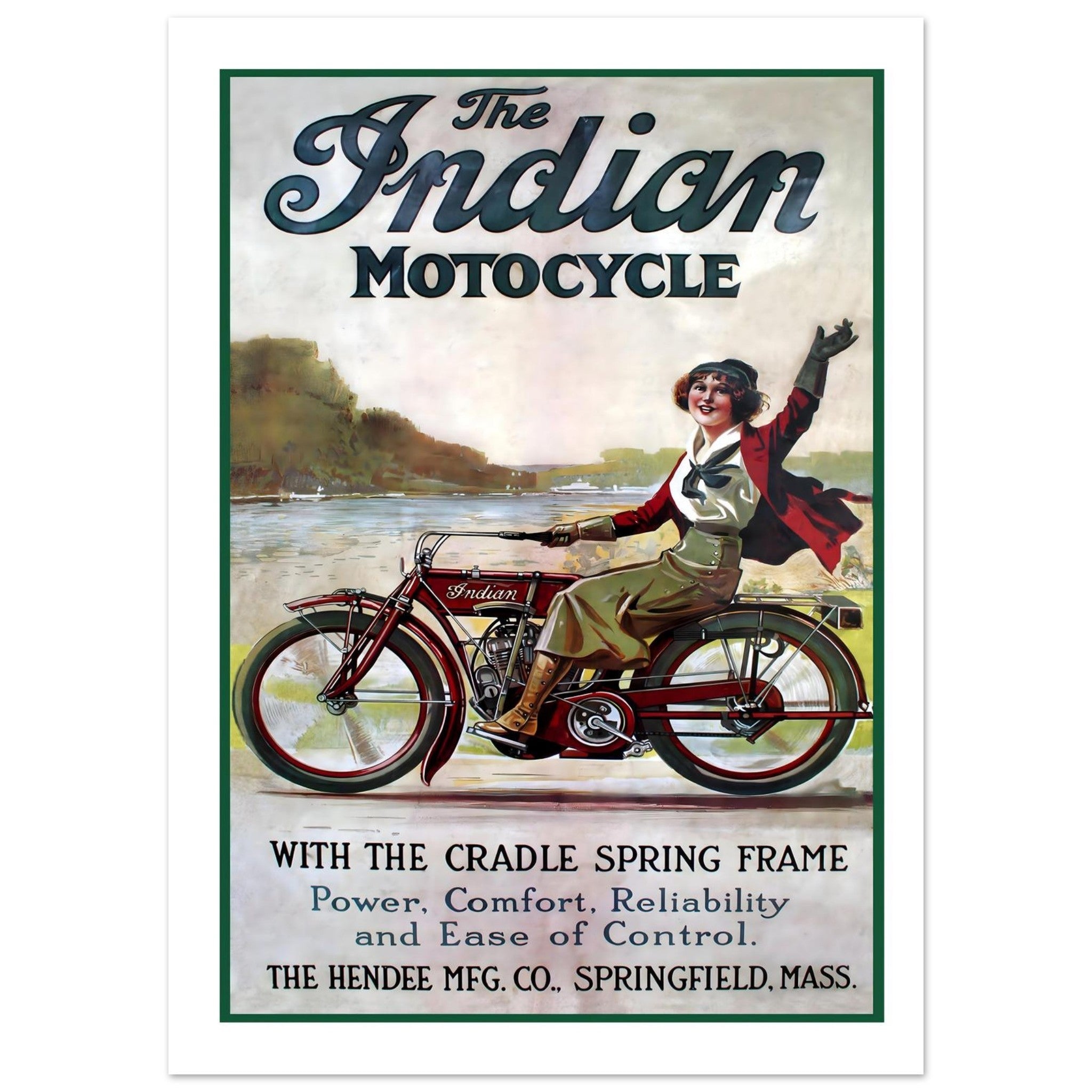 Classic Indian motorcycle advertisement featuring a woman joyfully riding against a coastal backdrop.