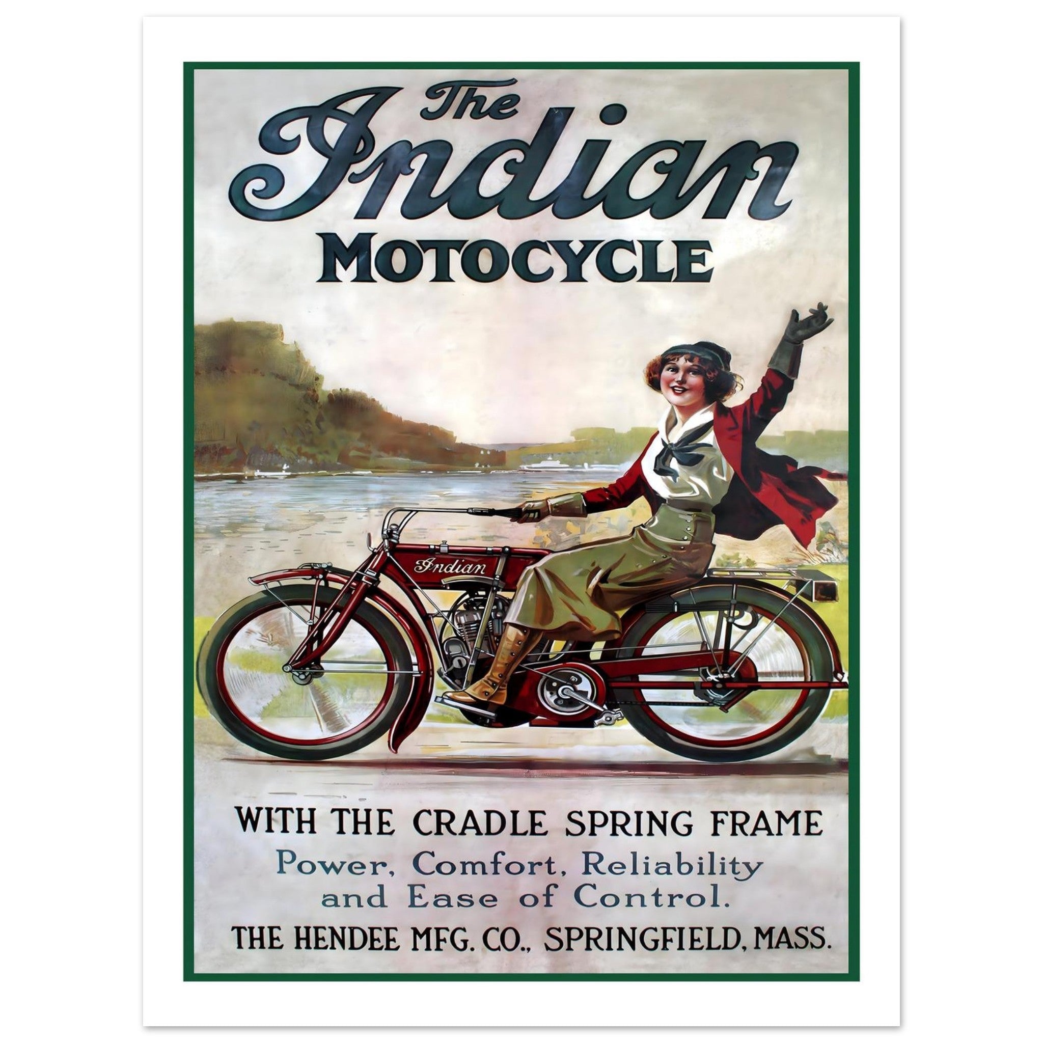 Classic Indian motorcycle advertisement featuring a woman riding joyfully against a scenic backdrop.